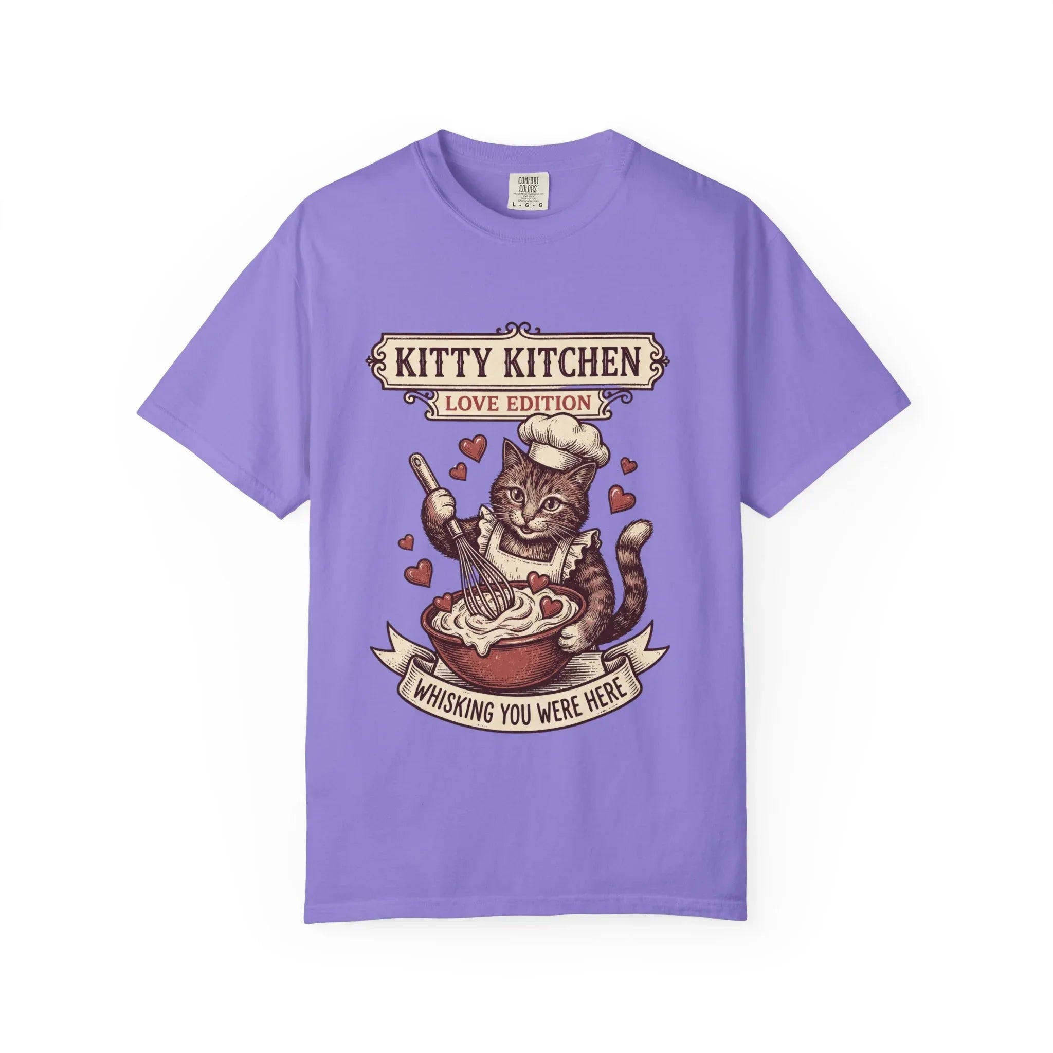 Kitty Kitchen Love T-Shirt | Vintage Cat Chef Whisking You Were Here Graphic Tee Violet