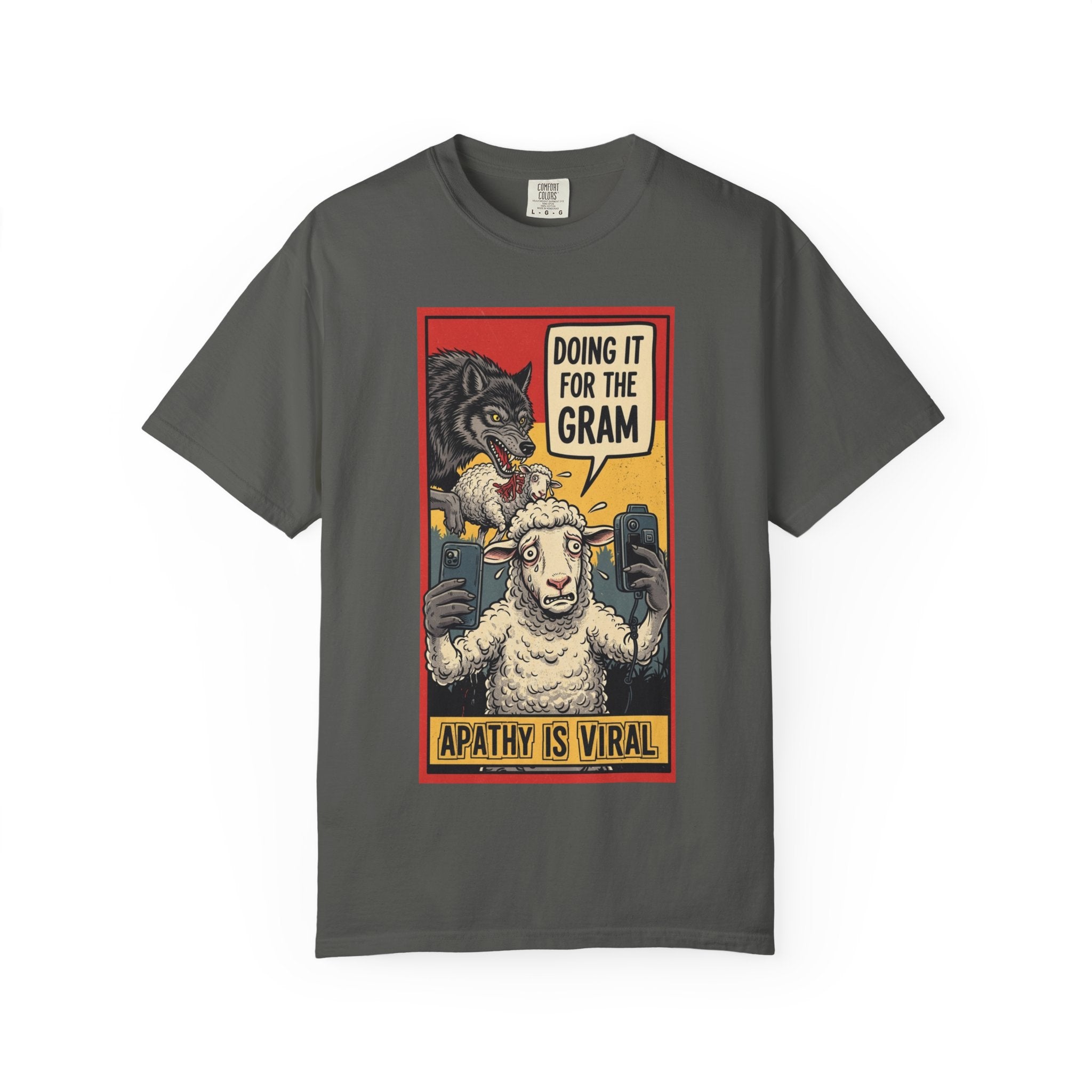 Doing It For The Gram Shirt Apathy Is Viral Satire Tee Social Media Critic Gift Wolf and Sheep Graphic Retro Aesthetic Edgy Apparel Pepper
