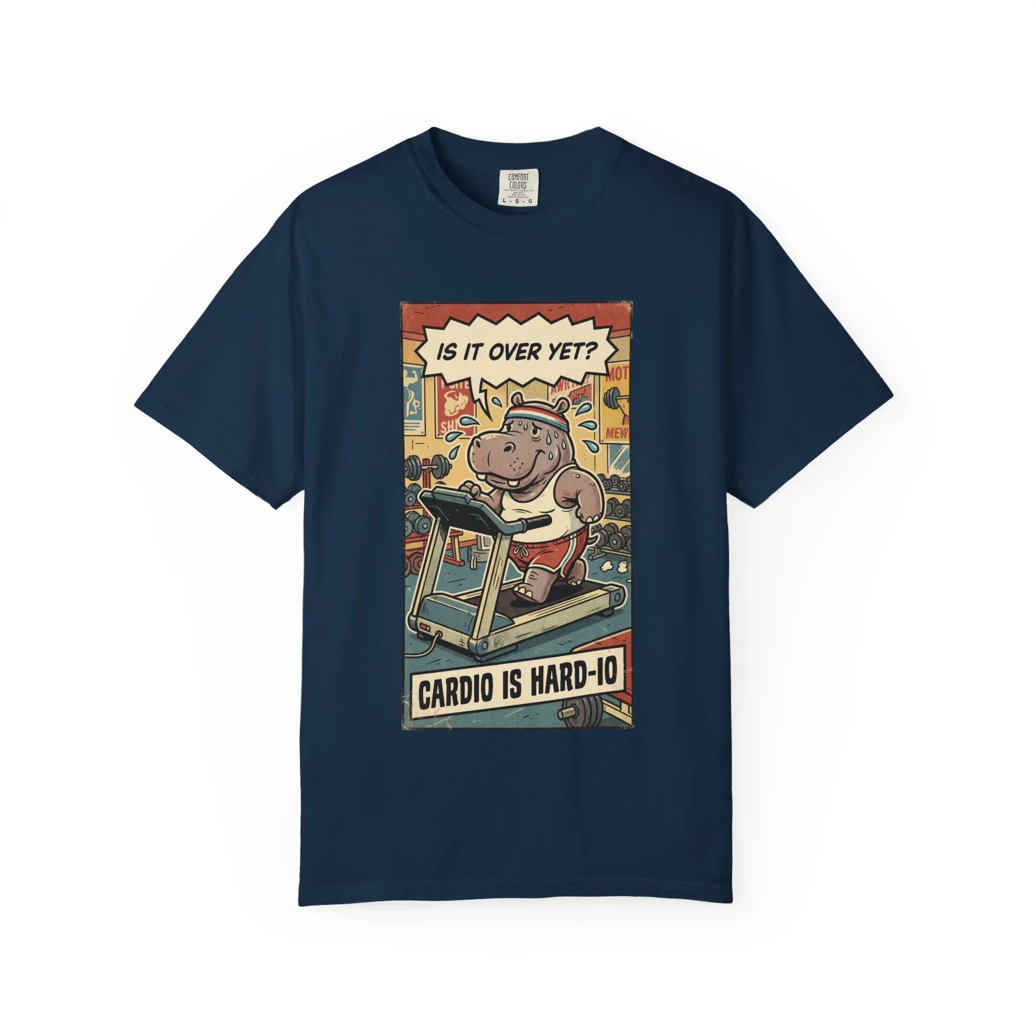 Funny Hippo Cardio Shirt - "Cardio is Hard-io" Retro Gym Tee - Vintage Sarcastic Workout T-Shirt - Humorous Exercise Fitness Gift - Distressed Comic Style Streetwear True Navy