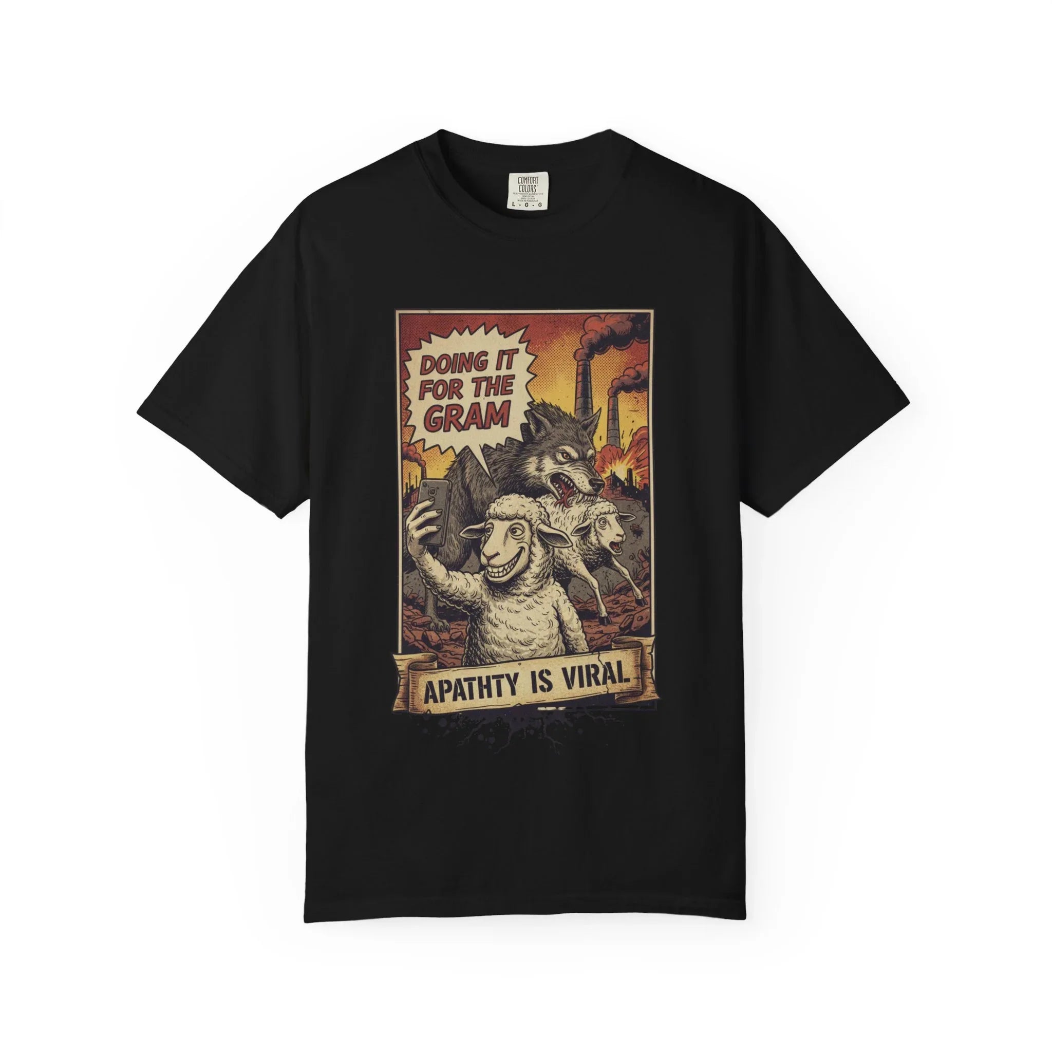 Doing It For The Gram Vintage Shirt - Satirical Wolf and Sheep Graphic Tee - Retro Social Media Irony T-Shirt - 1950s Propaganda Style Dark Humor - Unapologetic Social Critique Apparel Black