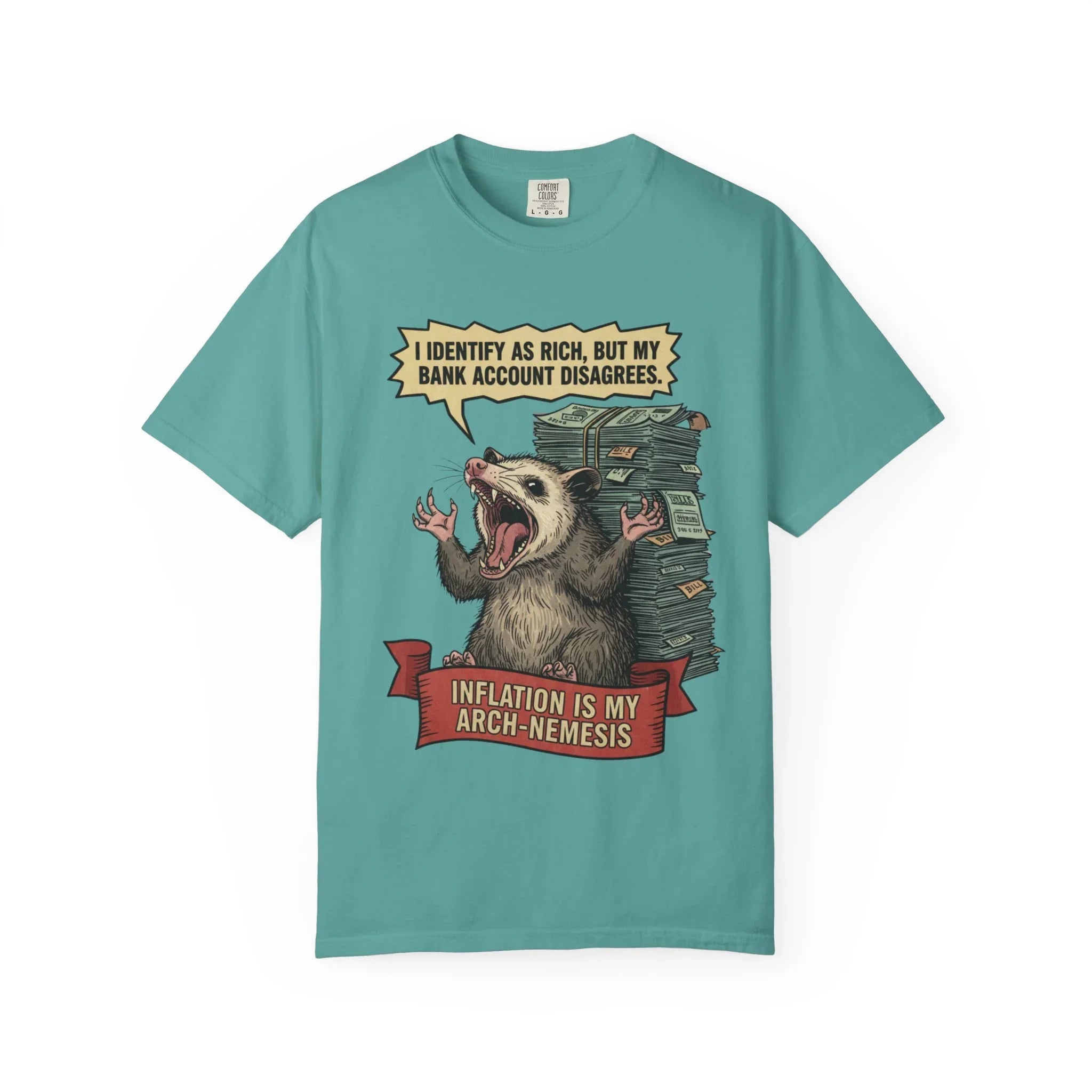 Funny Opossum Shirt - "I Identify As Rich" Inflation Meme Gift - Screaming Possum Hoodie - Relatable Money Humor T-Shirt - Vintage Style Animal Top Seafoam