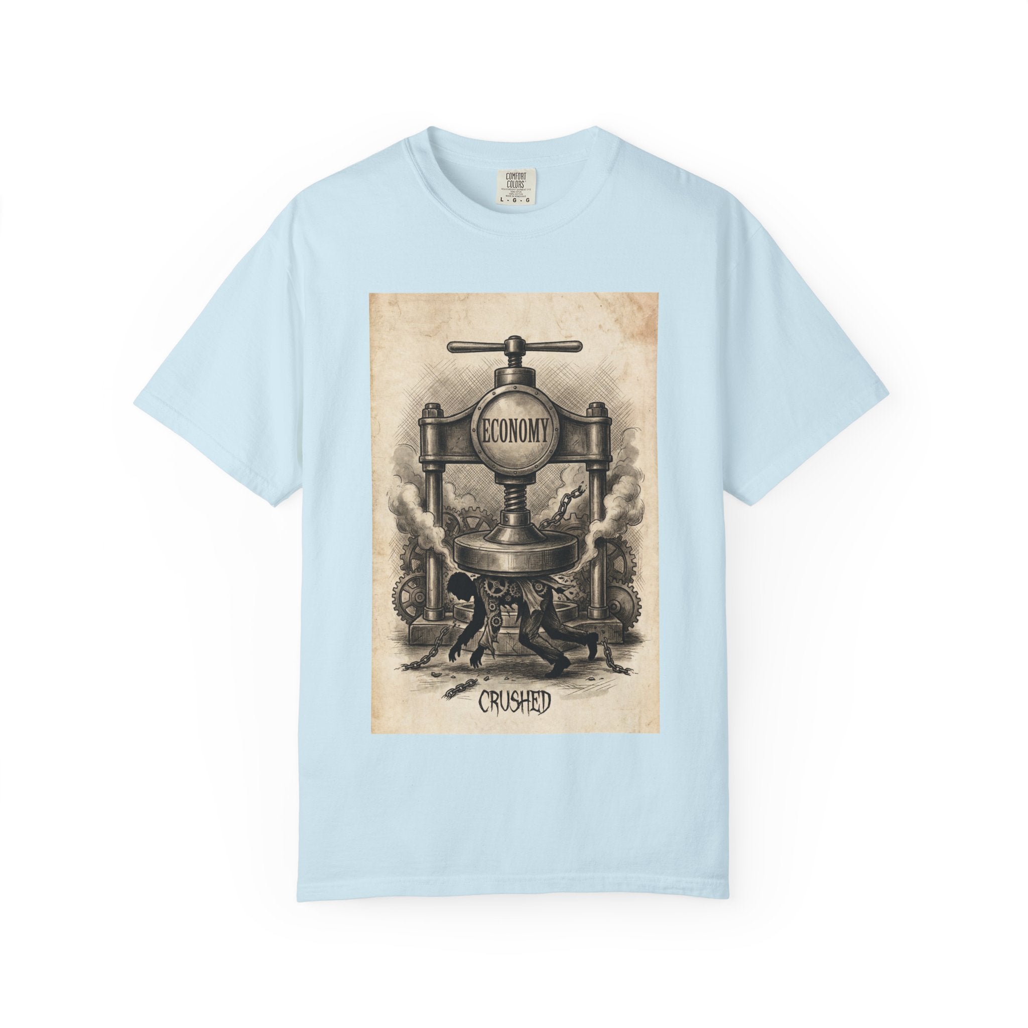 Vintage Economy Press T-Shirt | Retro Industrial Satire Tee | Dark Academia Social Comment Art Shirt | Gift for Philosophy & Economics Lovers" Chambray