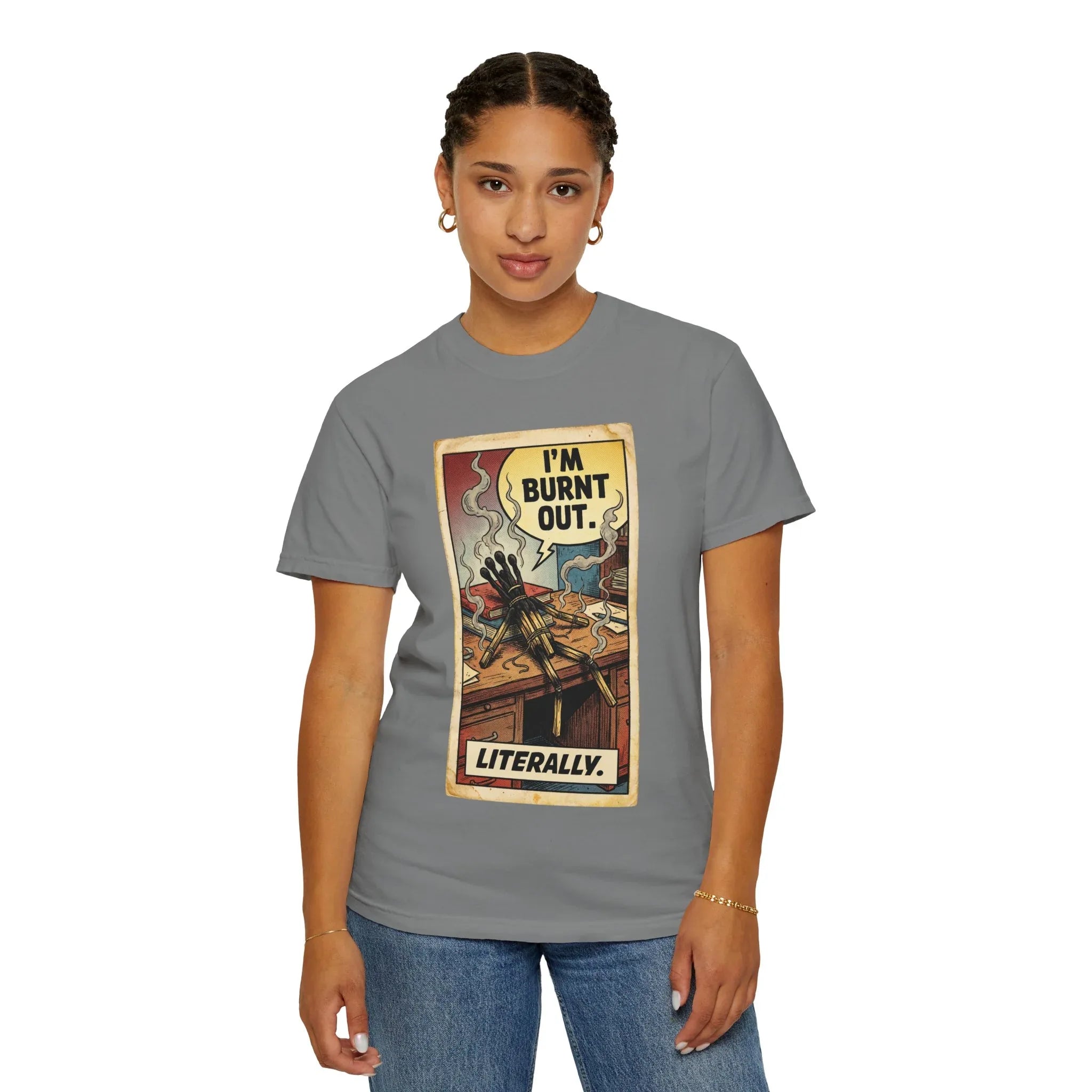 Funny Burnout Shirt - Retro Comic Matchstick Man Graphic Tee - Sarcastic Office Humor T-Shirt - Vintage Work Stress Mental Health Gift - Burnt Out Literally Streetwear Grey