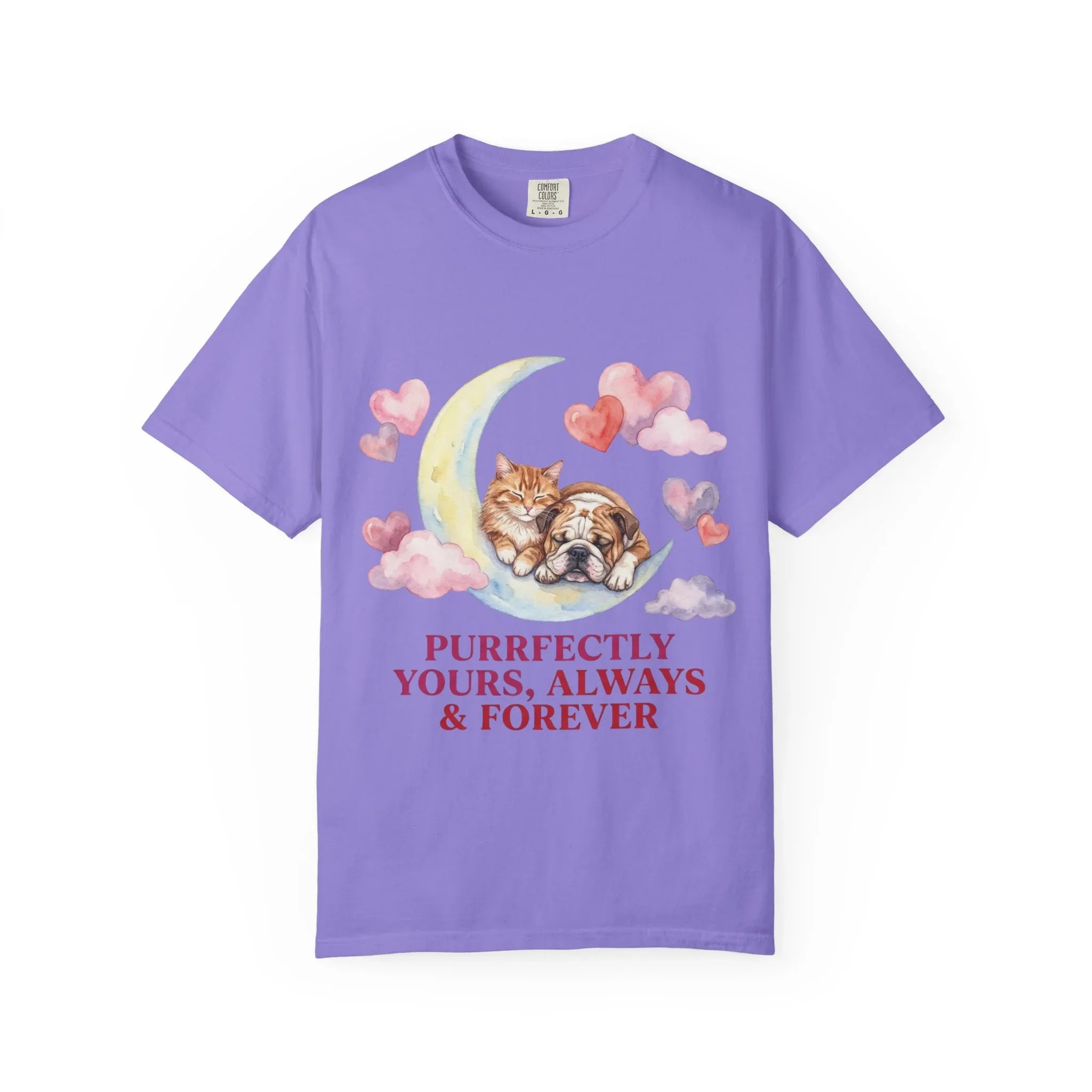 Purrfectly Yours Cat Dog Moon T Shirt Cute Pet Friends Hearts Watercolor Cozy Vintage Aesthetic Gift Pet Lovers Soft Cotton Romantic Tee Violet