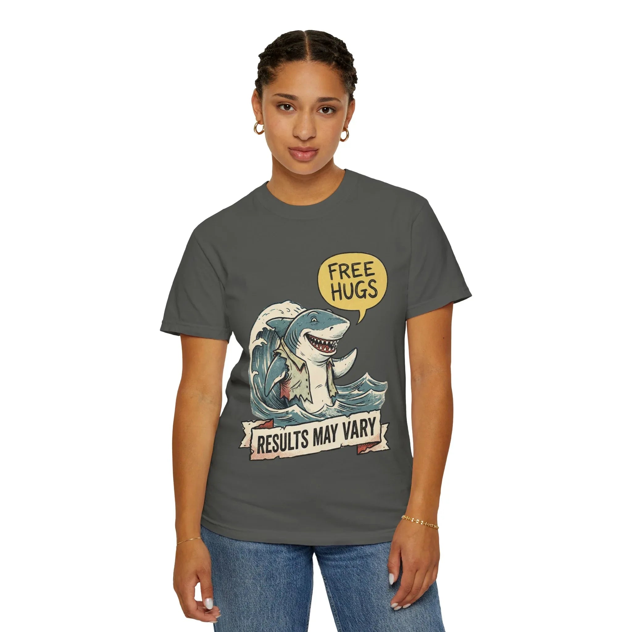 Vintage Shark Shirt - Funny "Free Hugs" T-Shirt - Dark Humor Gift - Retro Graphic Tee - Sarcastic Ocean Lover Top - Grunge Style Animal Apparel