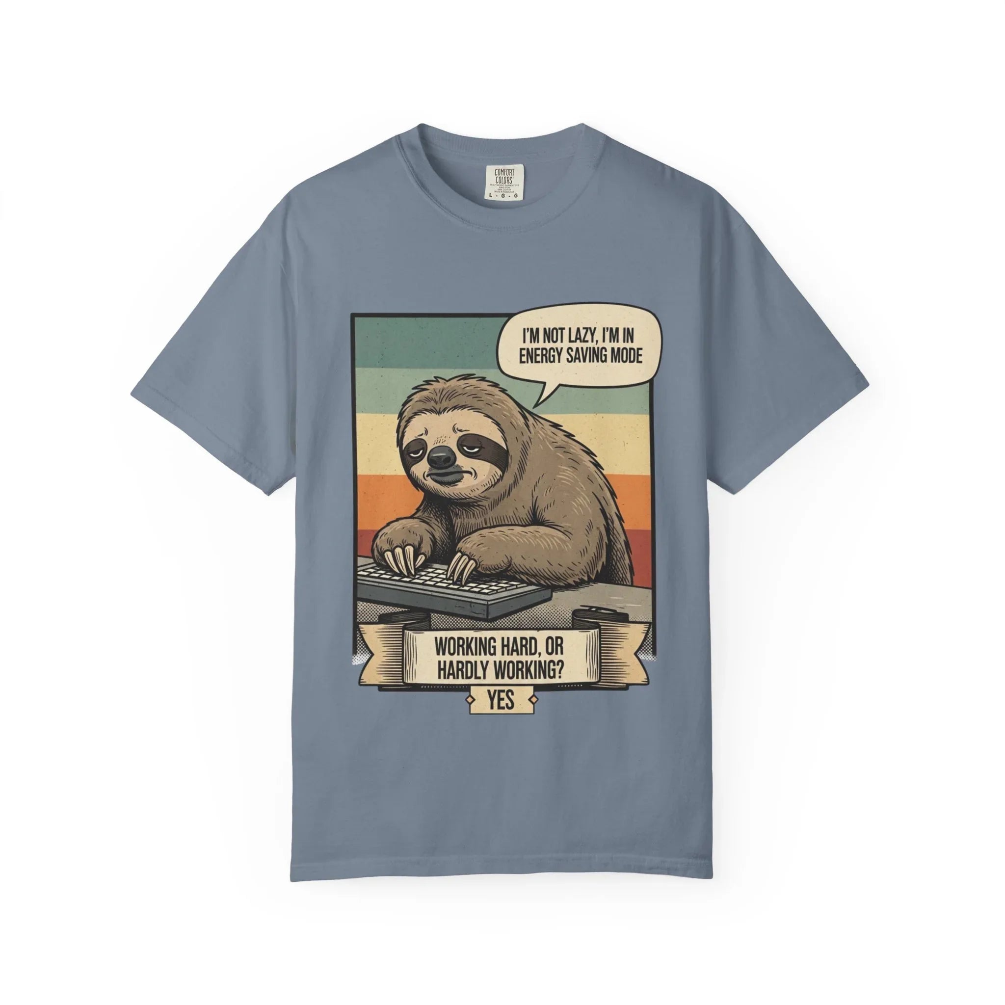 Funny Sloth Shirt - "I'm In Energy Saving Mode" T-Shirt - Office Humor Gift for Coworker - Lazy Animal Tee - Work From Home Graphic Tee - Retro Style Sloth Top Blue Jean