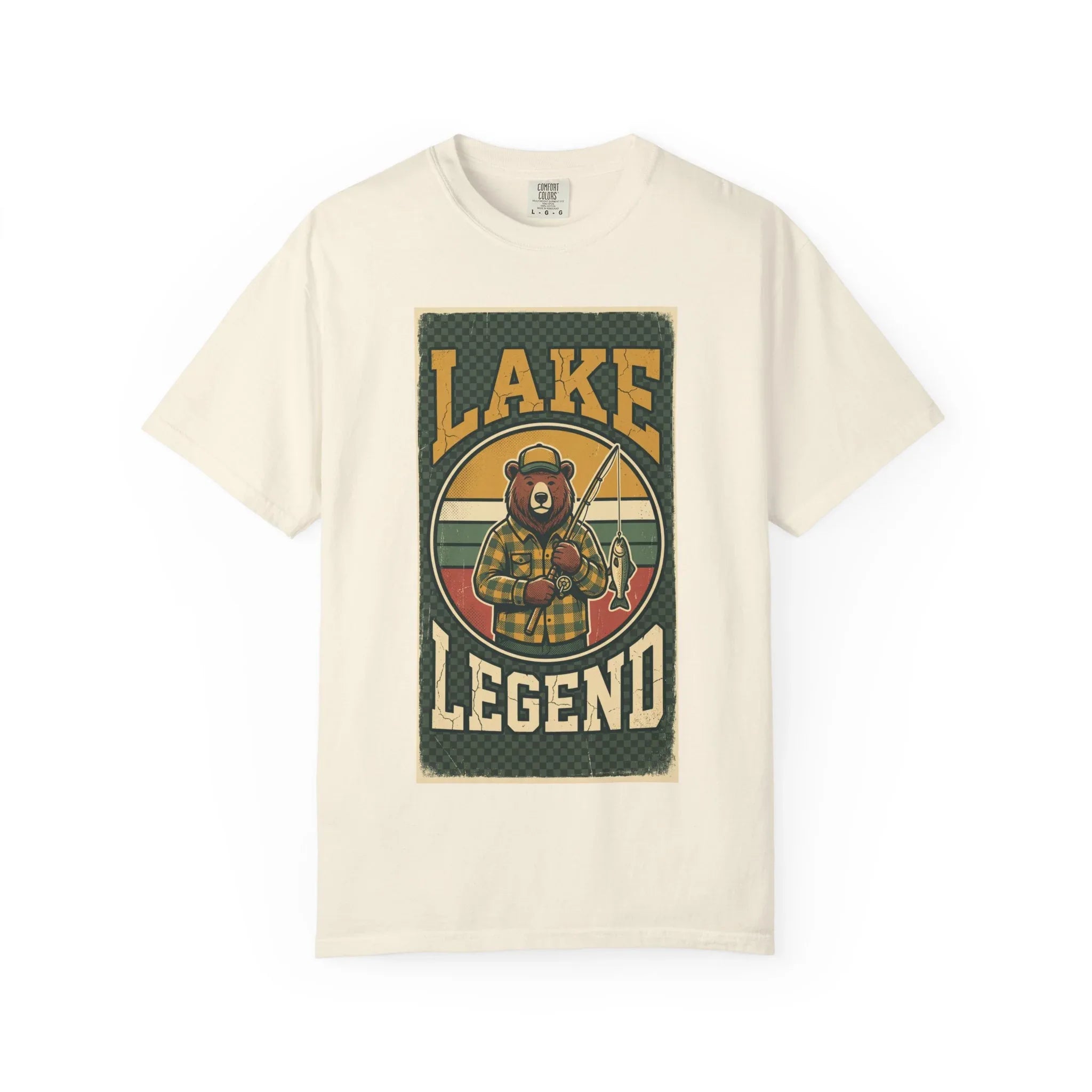 Lake Legend Bear Fishing T-Shirt | Retro Outdoors Graphic Tee | Vintage Cabin Lake Life Shirt | Garment-Dyed Heavyweight Unisex Ivory