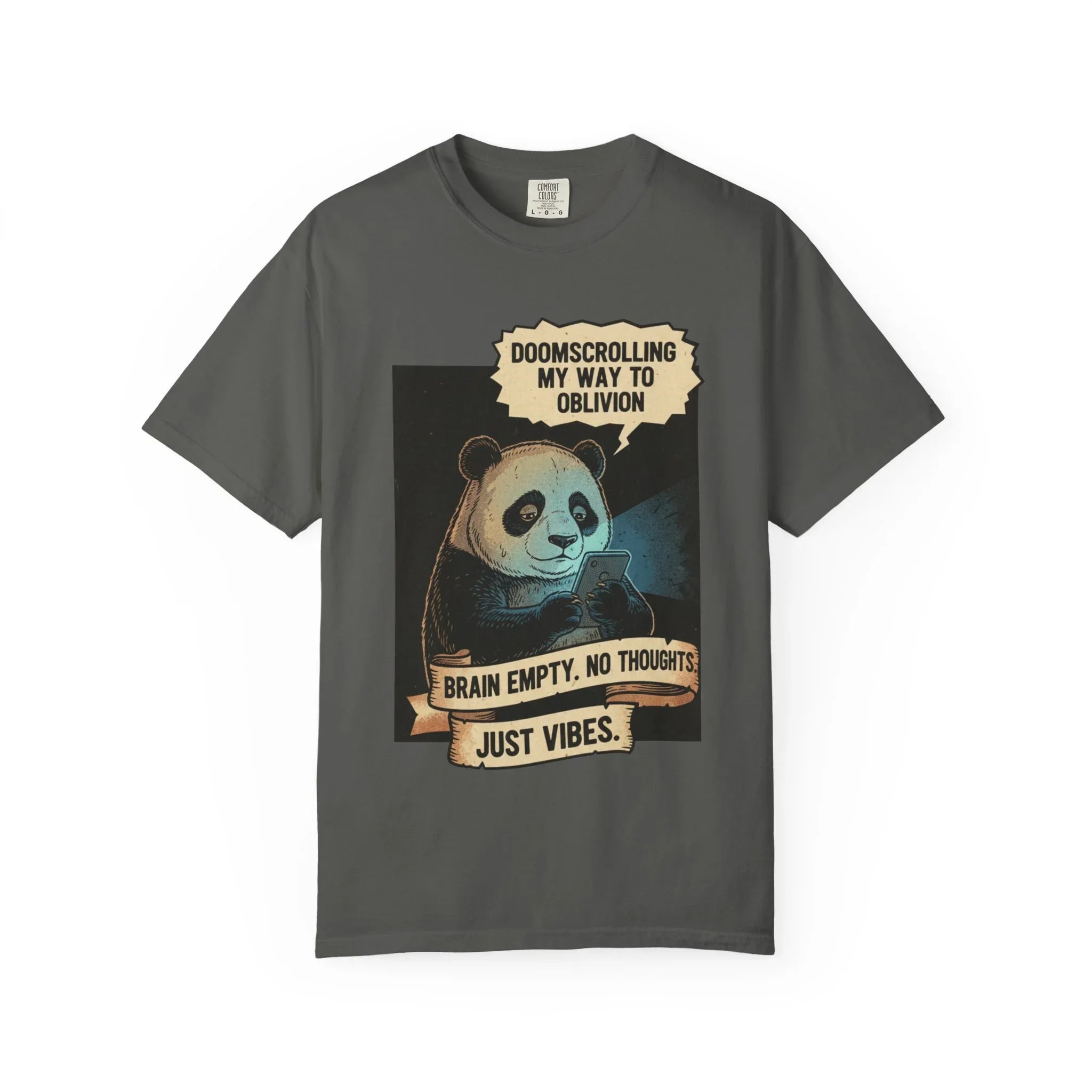 Funny Panda Doomscrolling Shirt - Brain Empty No Thoughts Just Vibes Tee - Retro Vintage Aesthetic T-Shirt - Relatable Digital Burnout Meme Gift - Smartphone Addict Introvert Top Pepper