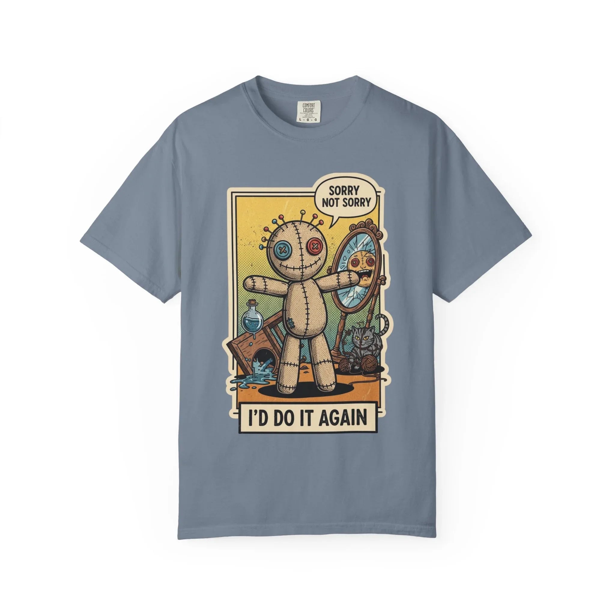Sorry Not Sorry Voodoo Doll Shirt - Sarcastic "I'd Do It Again" Graphic Tee - Retro Comic Dark Humor T-Shirt - Vintage Black Cat Aesthetic Streetwear - Unapologetic Mood Gift Blue Jean