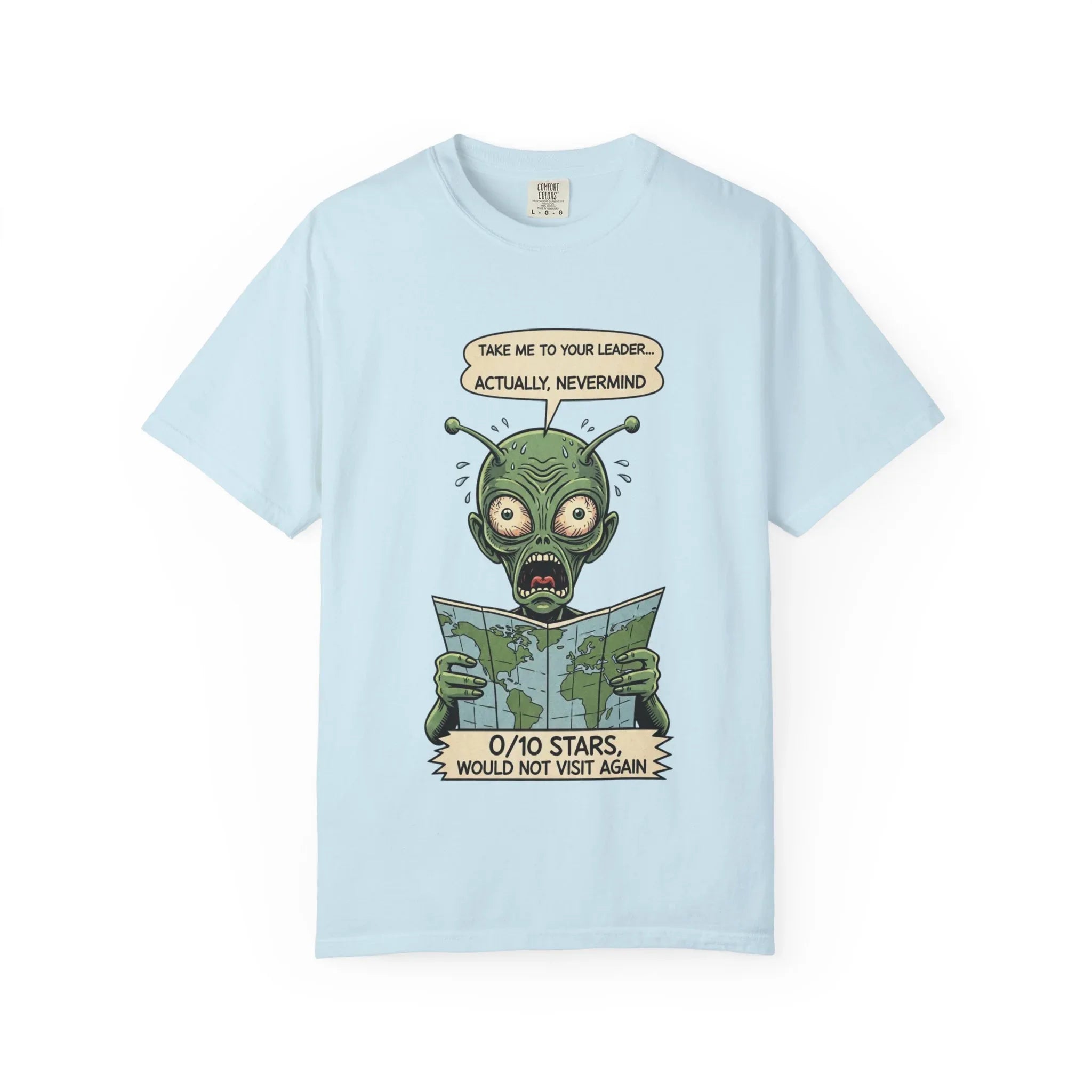 Funny Alien Shirt - Sarcastic Earth Review Tee - Vintage Sci-Fi Lover Gift - 0 Out Of 10 Stars Meme Tshirt - Retro UFO Graphic Top for Introverts Chambray