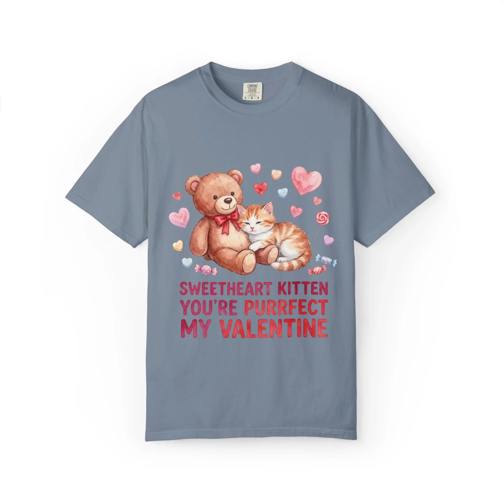 Sweetheart Kitten Youre Purrfect My Valentine T Shirt Cute Cat Teddy Bear Hearts Watercolor Cozy Vintage Aesthetic Gift Cat Lovers Blue Jean