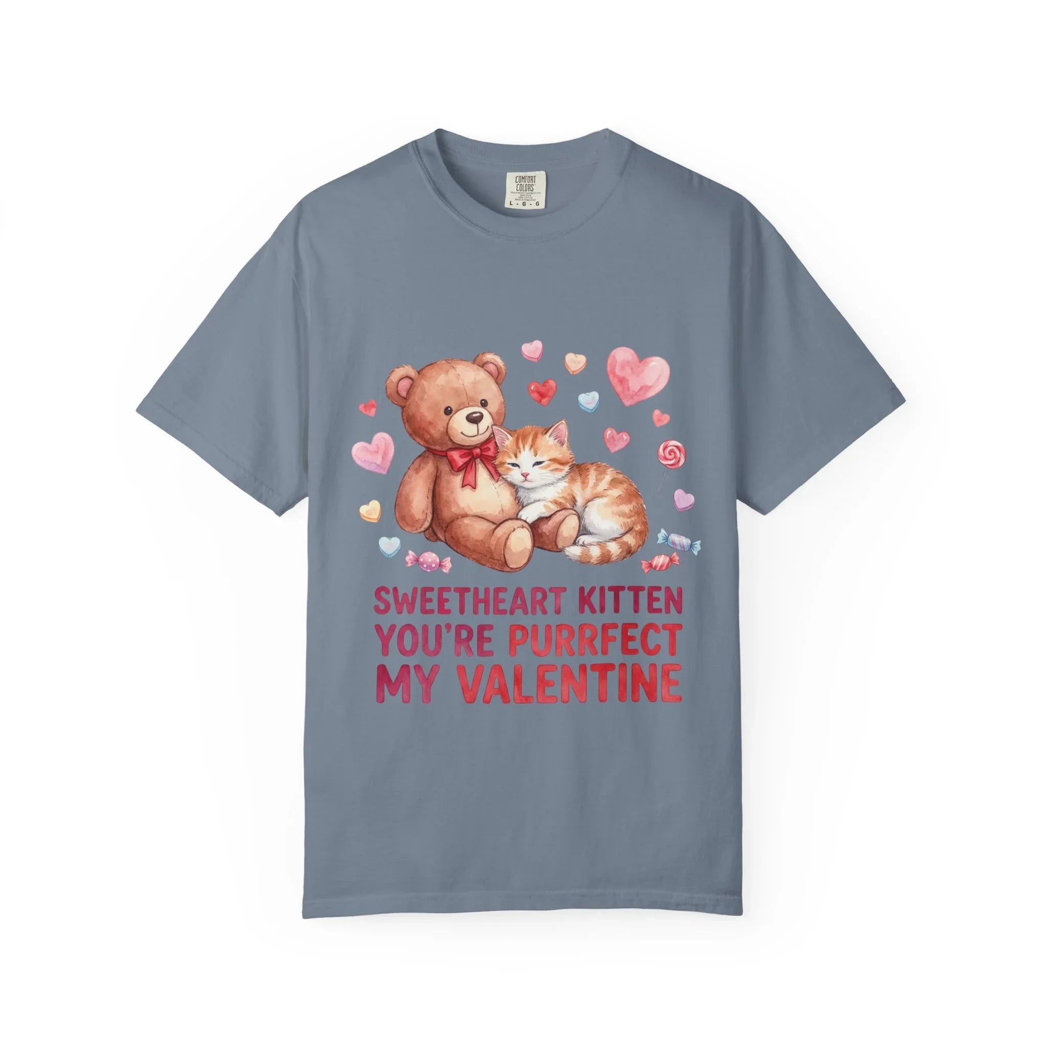 Sweetheart Kitten Youre Purrfect My Valentine T Shirt Cute Cat Teddy Bear Hearts Watercolor Cozy Vintage Aesthetic Gift Cat Lovers Blue Jean
