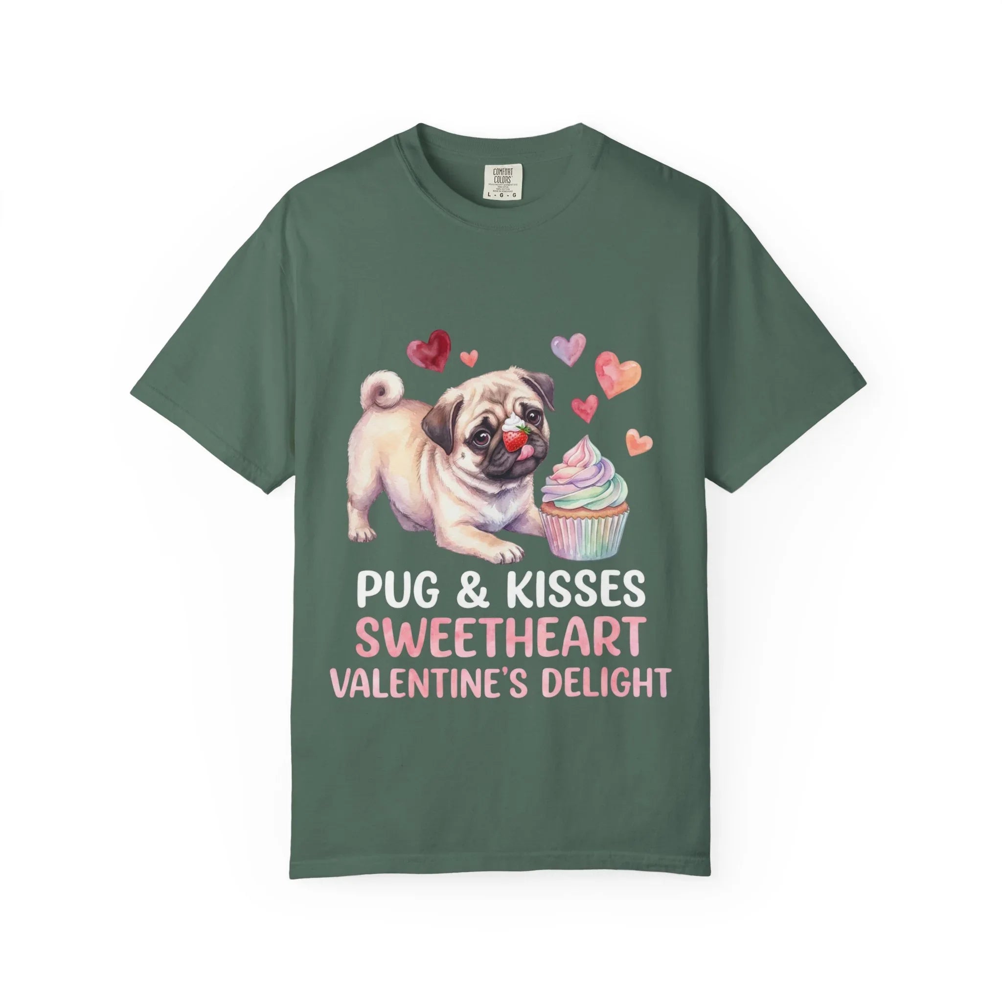 Pug Cupcake Sweetheart Valentines Delight T Shirt Cute Dog Hearts Watercolor Cozy Vintage Aesthetic Gift Pug Lovers Soft Cotton Romantic Tee Blue Spruce