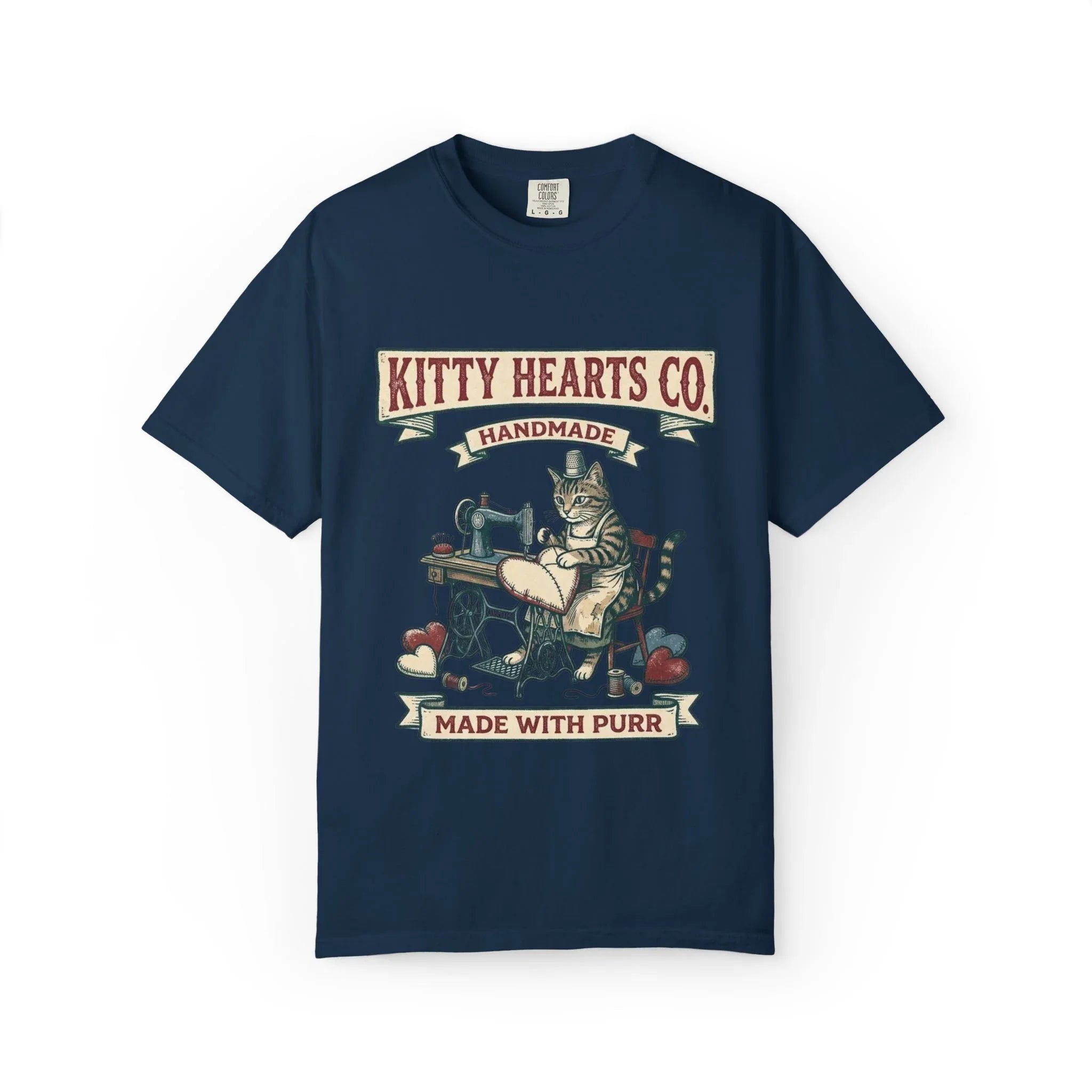 Kitty Hearts Co T-Shirt | Vintage Sewing Cat Made With Purr Graphic Tee | Retro Craft Cat Lover Gift Shirt True Navy