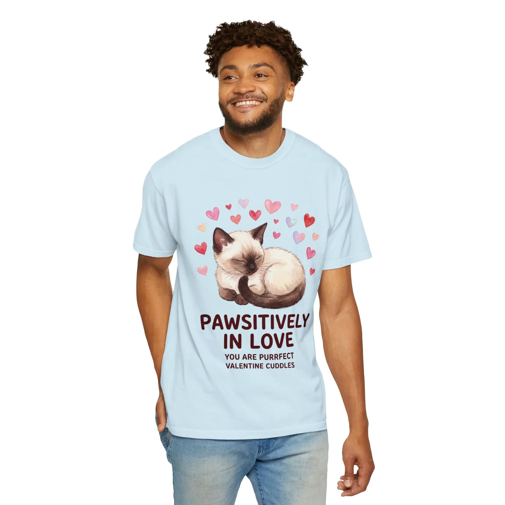 Pawsitively in Love Cat Valentines T Shirt Cute Siamese Kitten Hearts Cozy Soft Cotton Vintage Aesthetic Gift for Cat Lovers Chambray