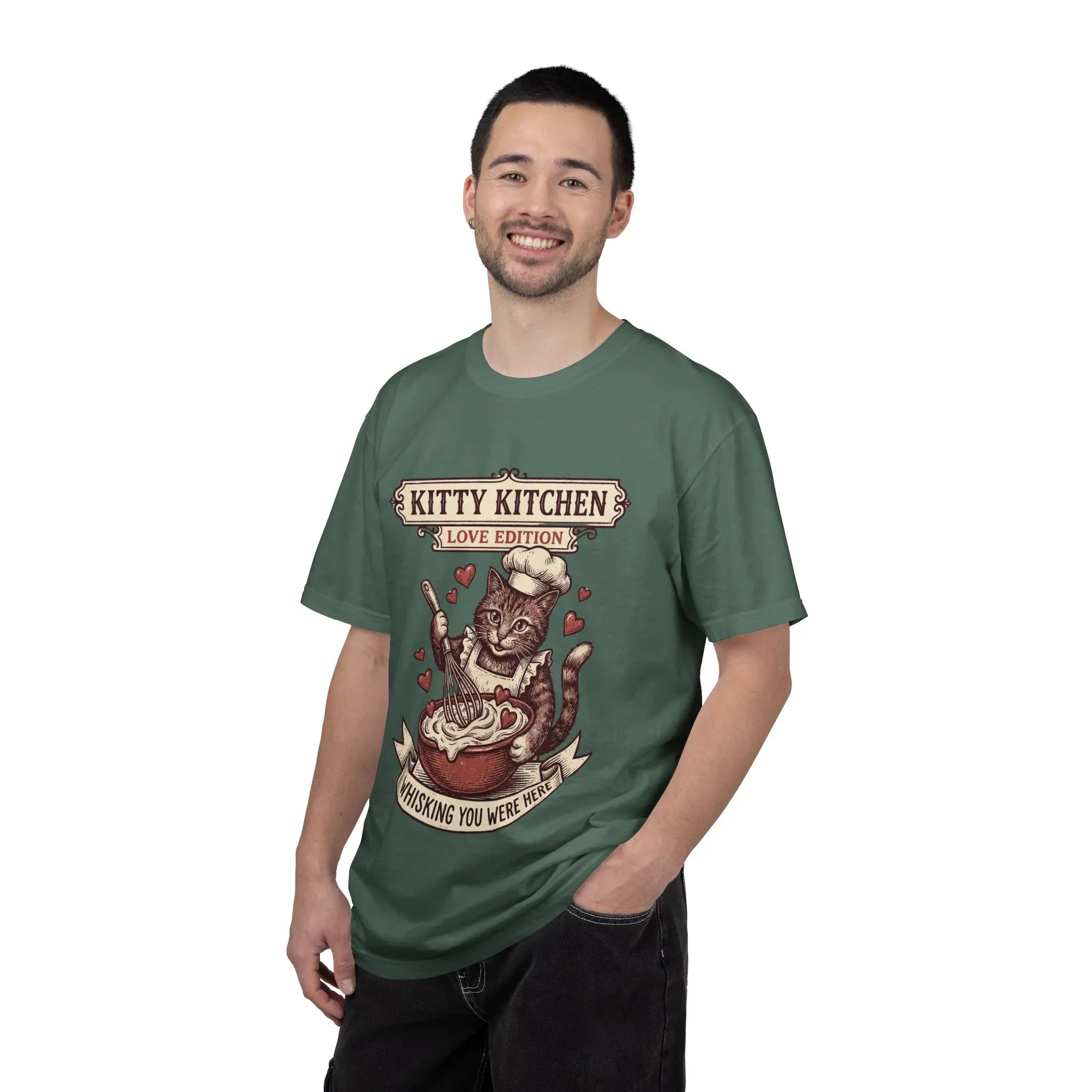 Kitty Kitchen Love T-Shirt | Vintage Cat Chef Whisking You Were Here Graphic Tee