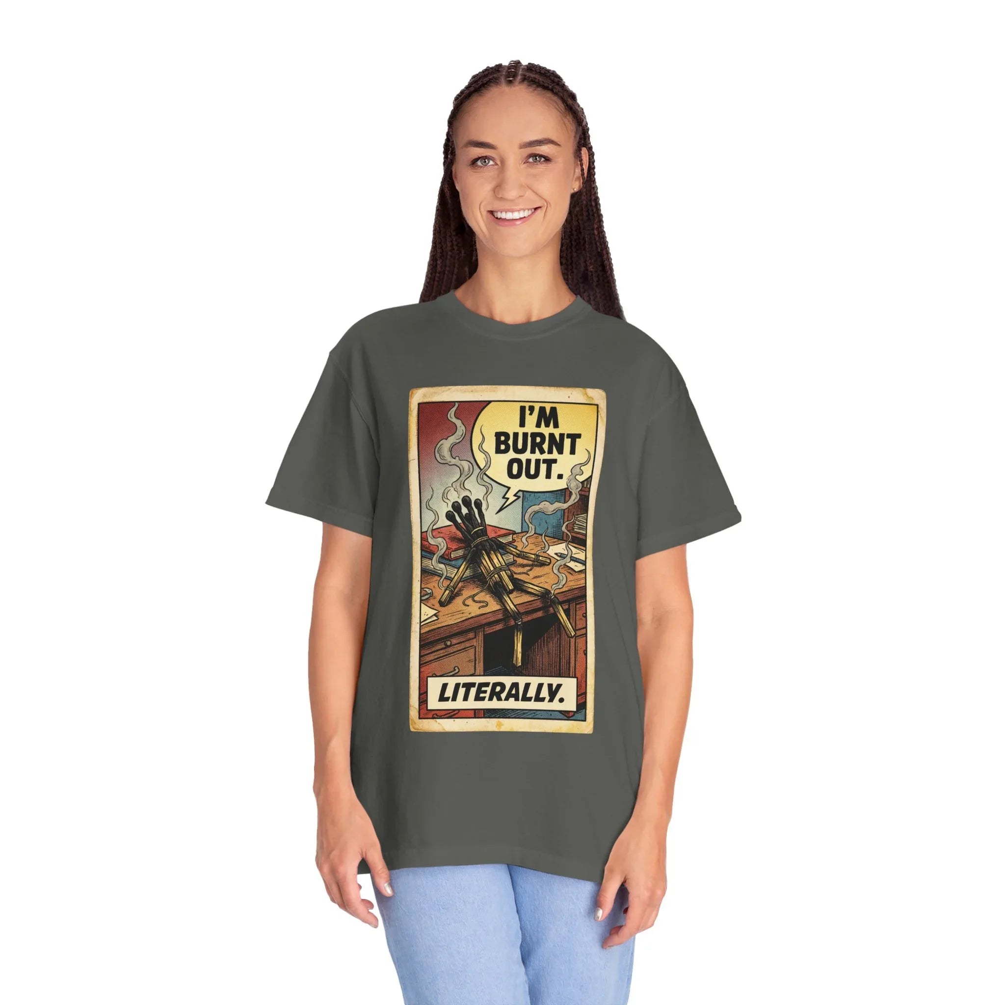 Funny Burnout Shirt - Retro Comic Matchstick Man Graphic Tee - Sarcastic Office Humor T-Shirt - Vintage Work Stress Mental Health Gift - Burnt Out Literally Streetwear Pepper