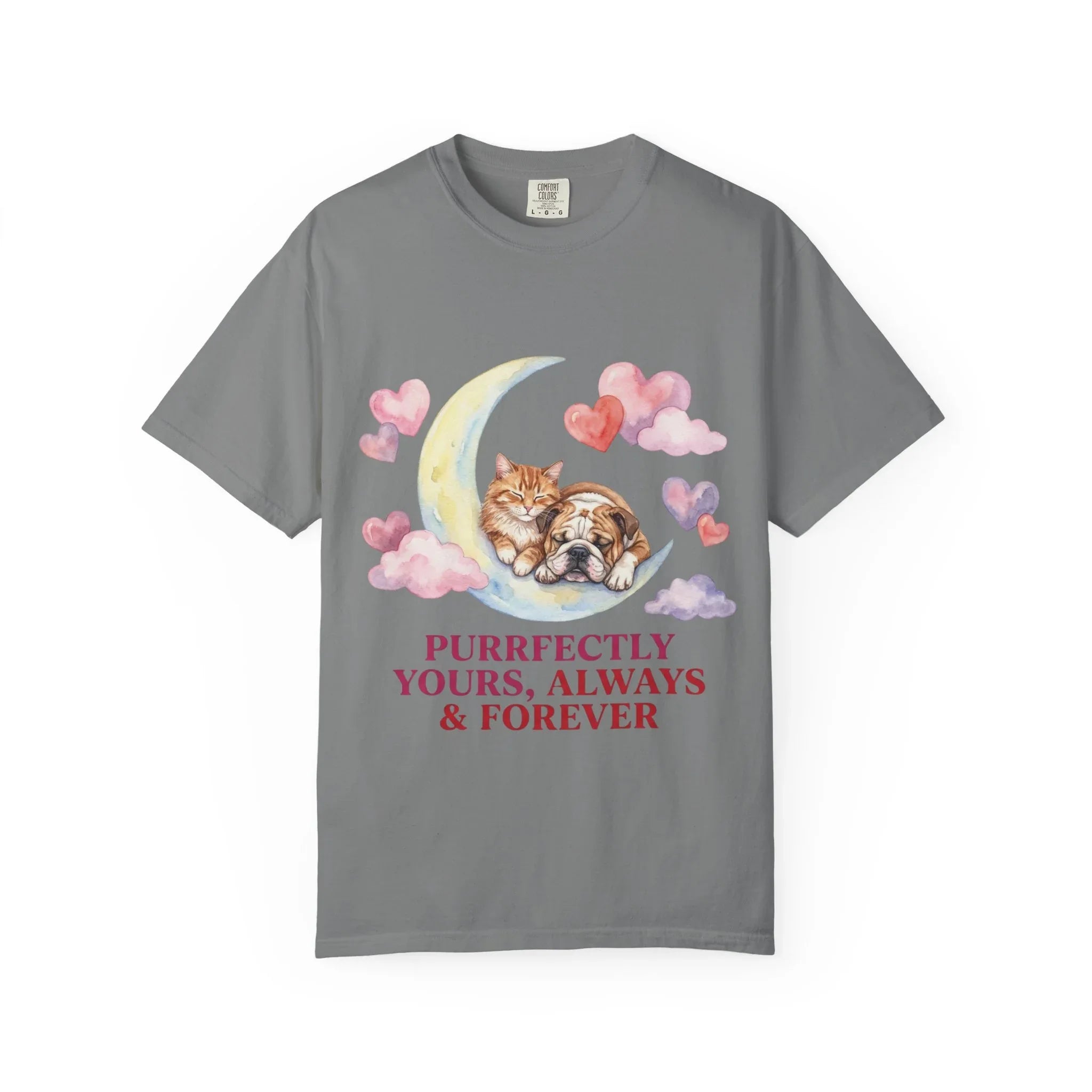 Purrfectly Yours Cat Dog Moon T Shirt Cute Pet Friends Hearts Watercolor Cozy Vintage Aesthetic Gift Pet Lovers Soft Cotton Romantic Tee Grey