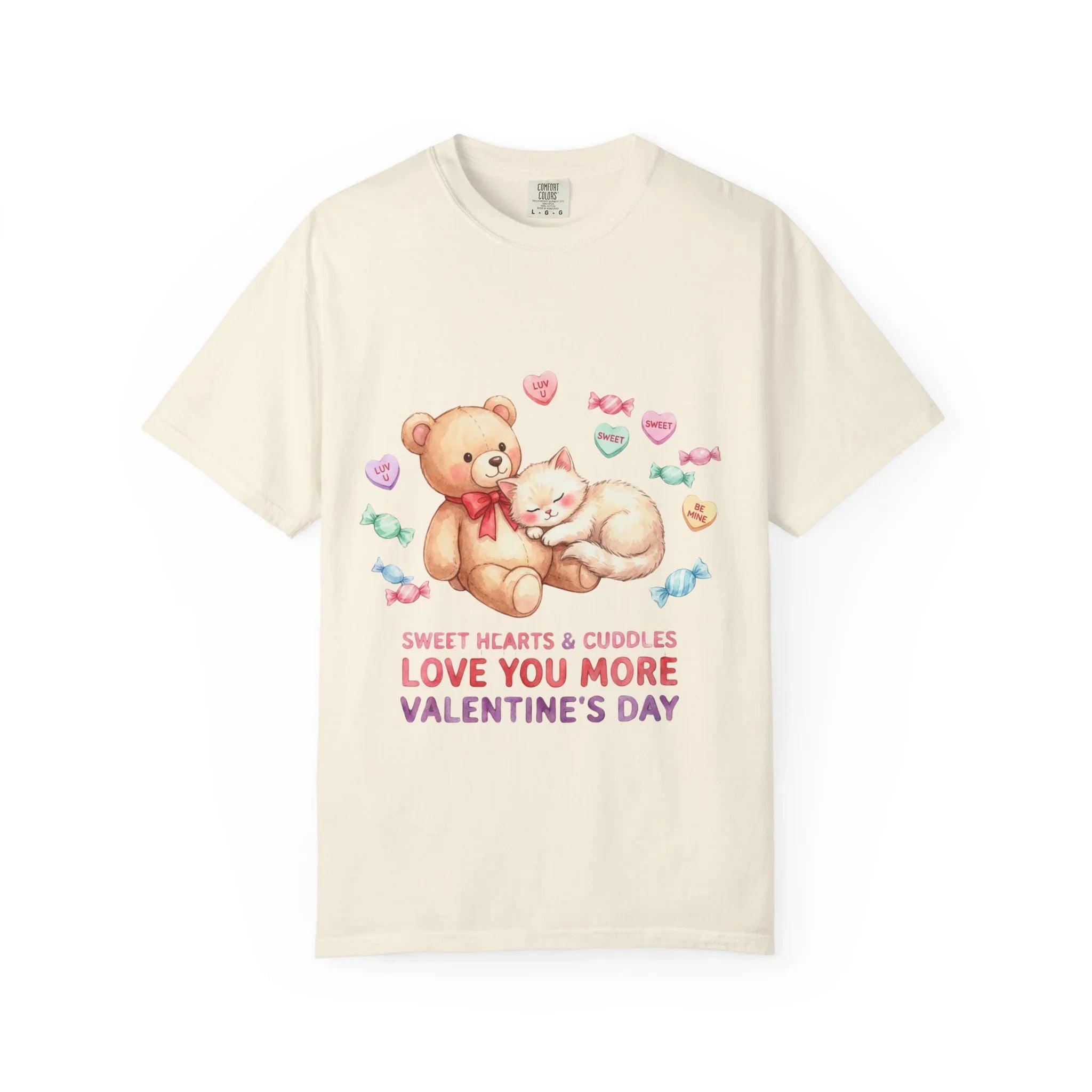 Cute Bear and Kitten Valentine T-shirt | Vintage Soft Love Tee | Couple Gift | Aesthetic Comfort Shirt | Retro Candy Heart Design Ivory