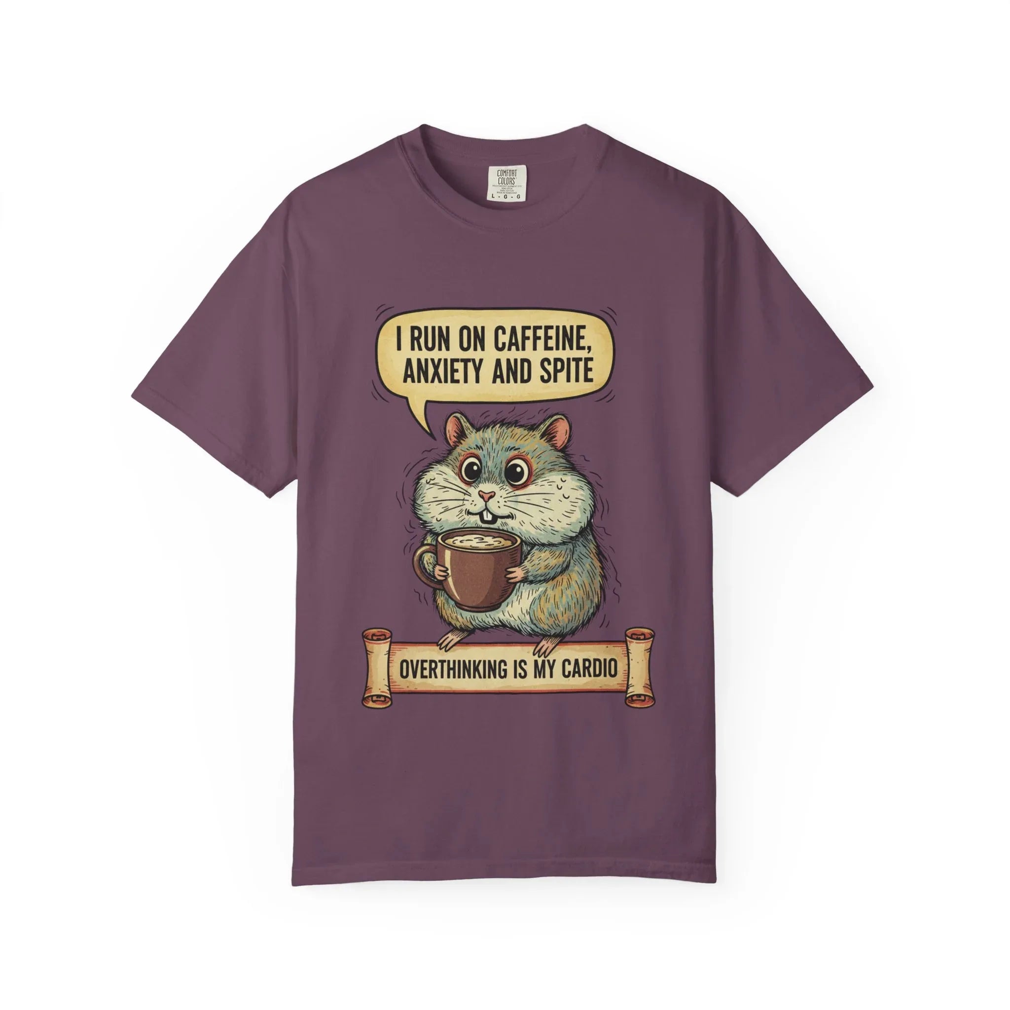Funny Hamster Coffee Shirt - "Overthinking is My Cardio" T-Shirt - Caffeine Anxiety and Spite Gift - Sarcastic Mental Health Tee - Retro Jittery Hamster Graphic Top Berry M