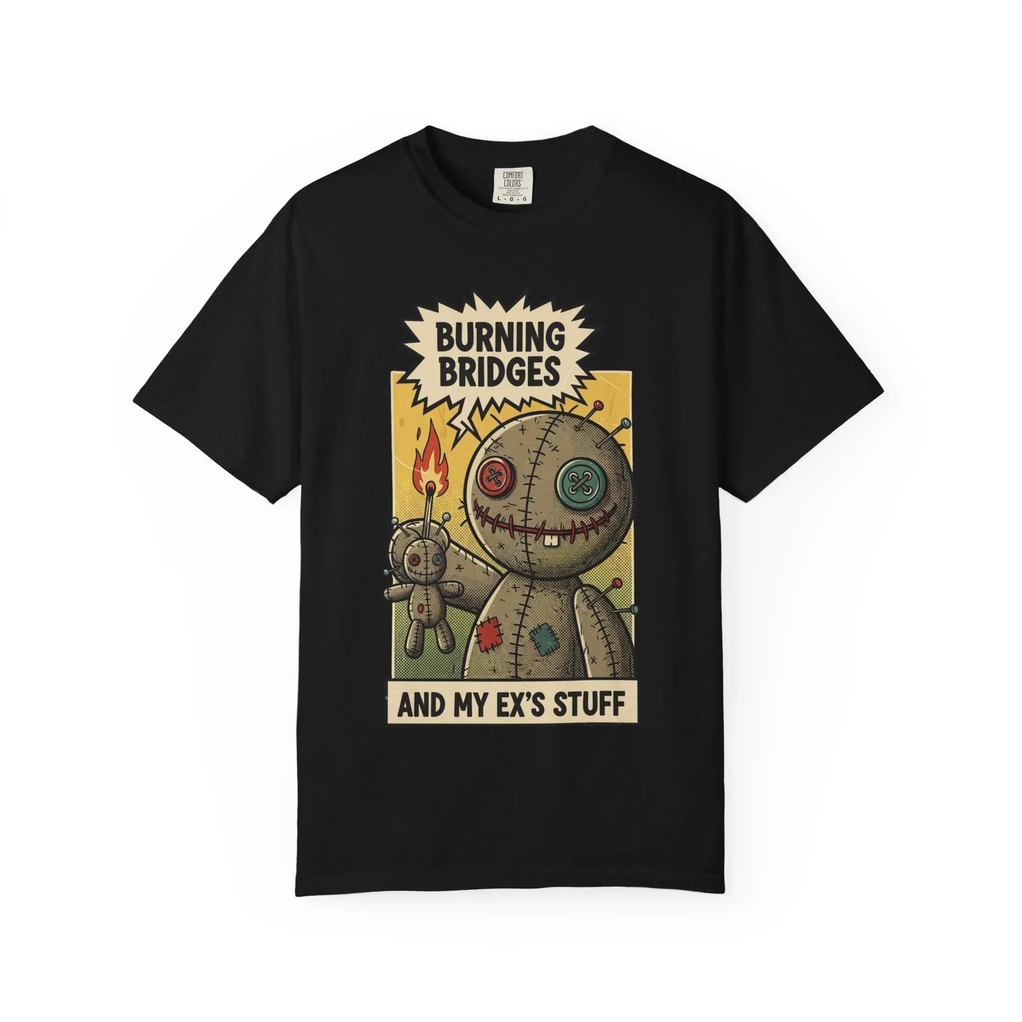 Burning Bridges Funny Breakup Shirt - Vintage Voodoo Doll Graphic Tee - Sarcastic Ex-Relationship T-Shirt - Retro Comic Dark Humor Gift - Mid-Century Aesthetic Streetwear Black