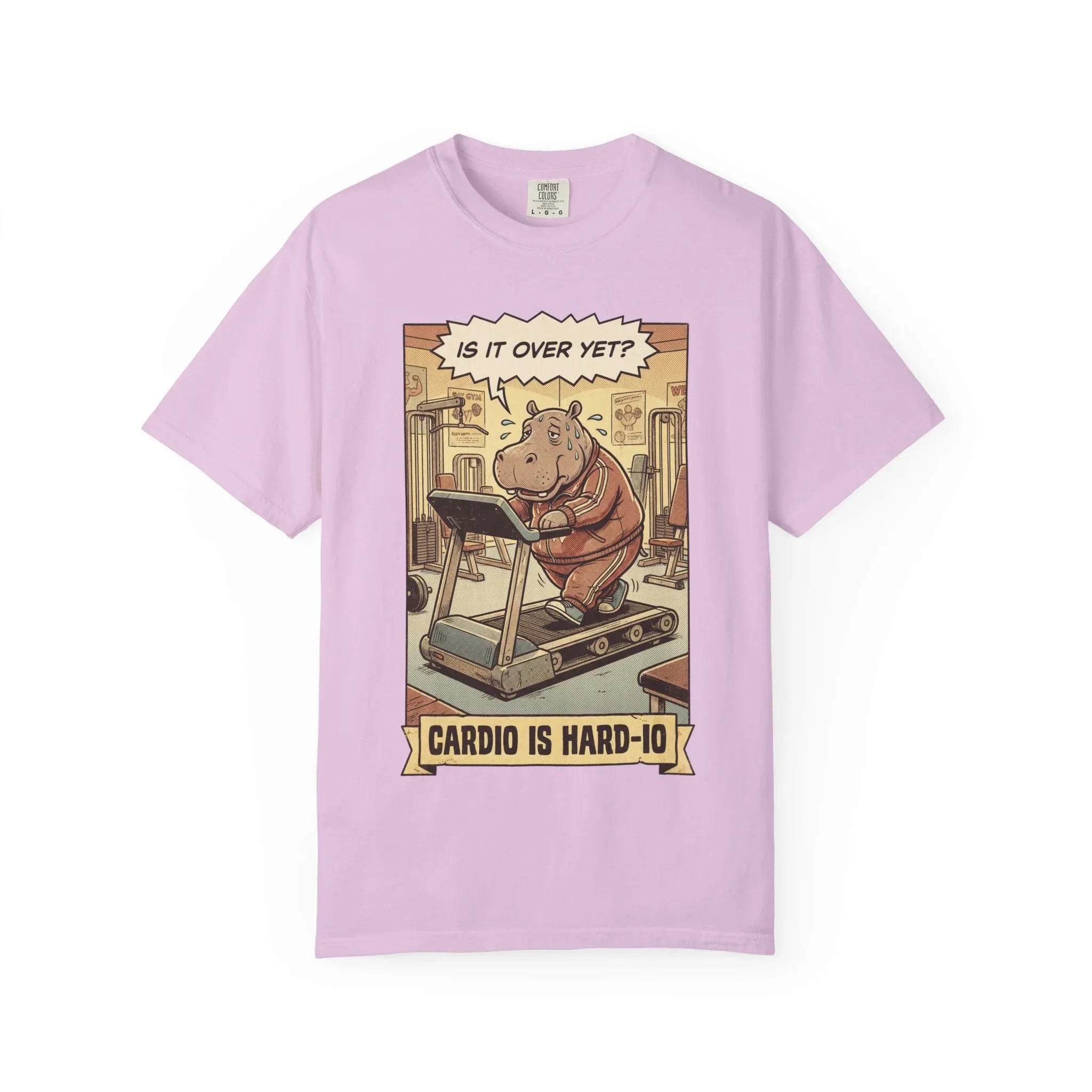 Funny Hippo Gym Shirt - "Cardio is Hard-io" Retro Workout Tee - Sarcastic Fitness Graphic T-Shirt - Vintage Runner & Weightlifter Gift - Humorous Exercise Streetwear Orchid