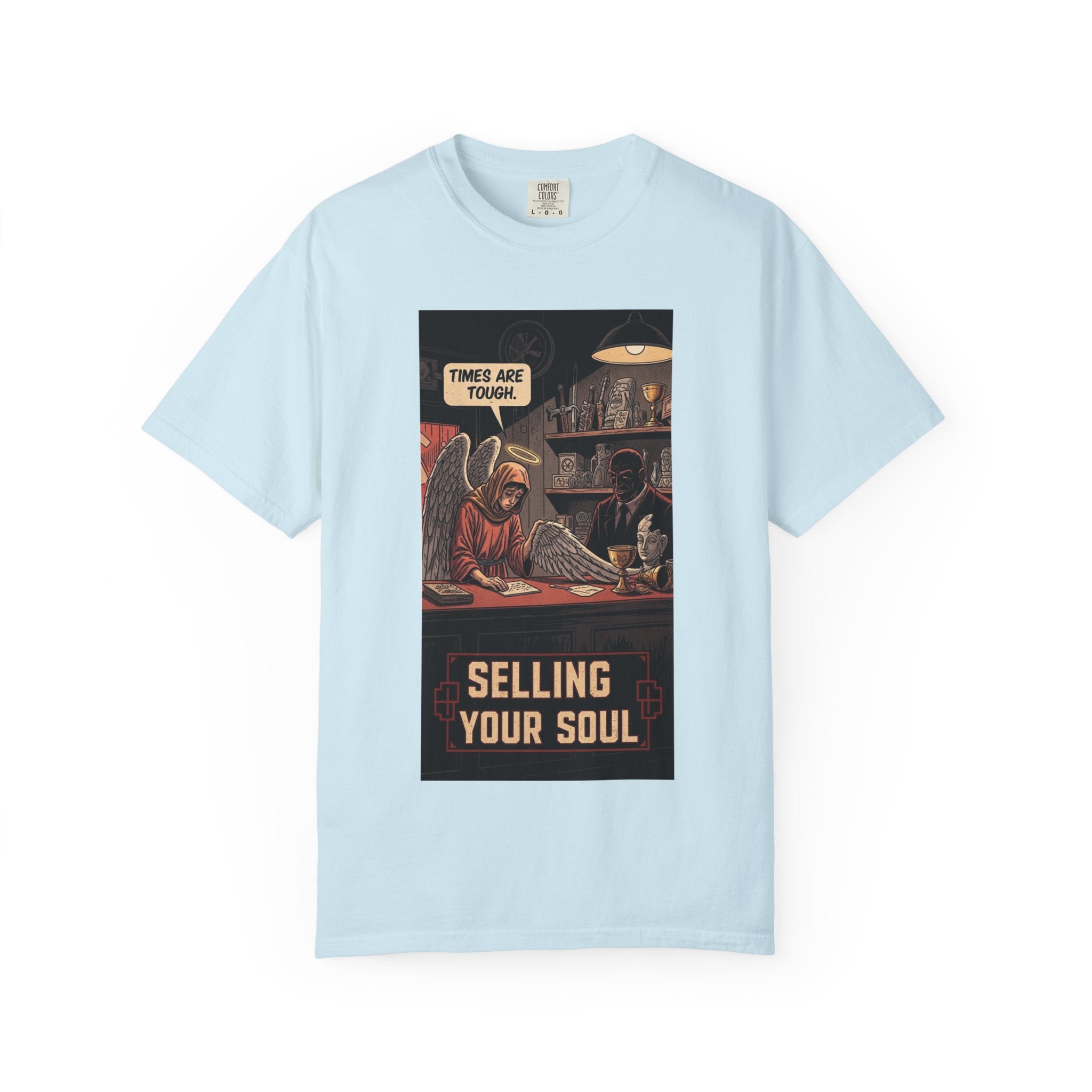 Selling Your Soul Shirt - Vintage Pawn Shop Satire Tee - Angel Social Commentary T-Shirt - Dark Humor Philosophy Gift - Retro Comic Graphic Apparel Chambray