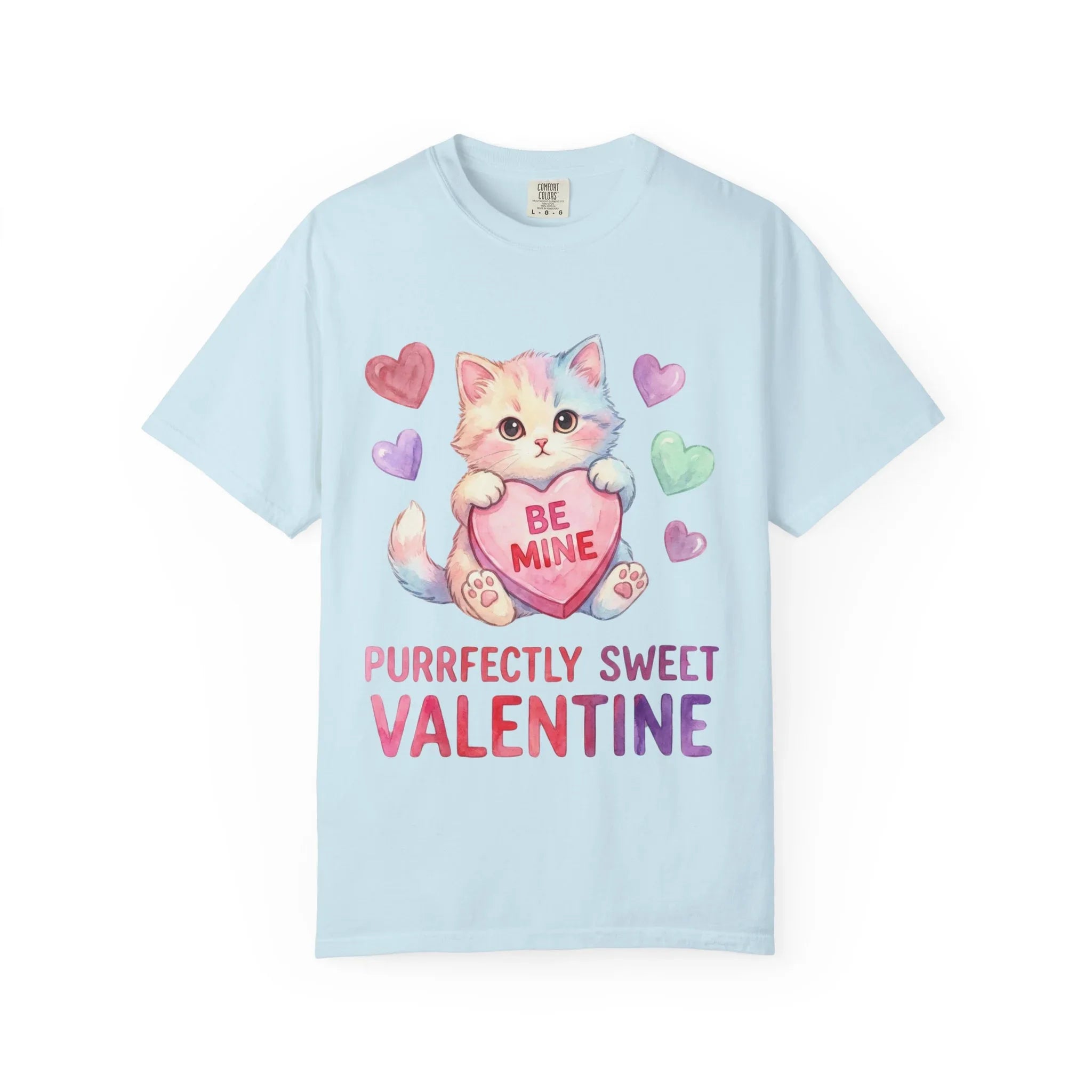 Purrfectly Sweet Valentine Cat T-Shirt | Be Mine Heart Design | Cute Pastel Kitten Tee | Cozy Romantic Gift for Cat Lovers Chambray