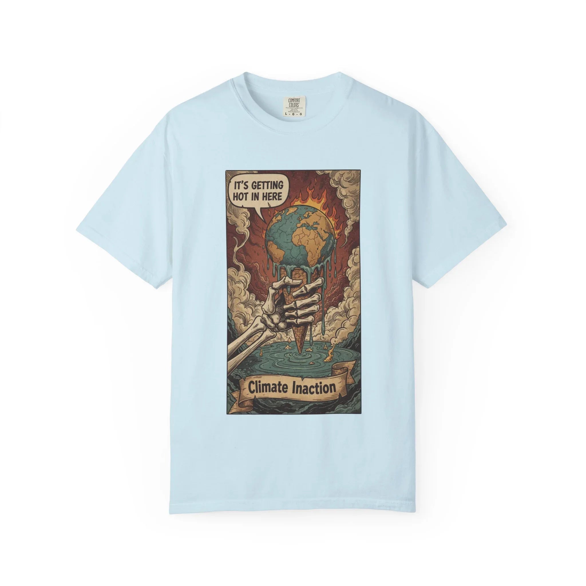 Climate Inaction Melting Earth Shirt - Global Warming Satire Tee - Skeleton Hand Vintage Graphic - Environmental Activist Gift - Retro Distressed Planet Earth T-Shirt Chambray