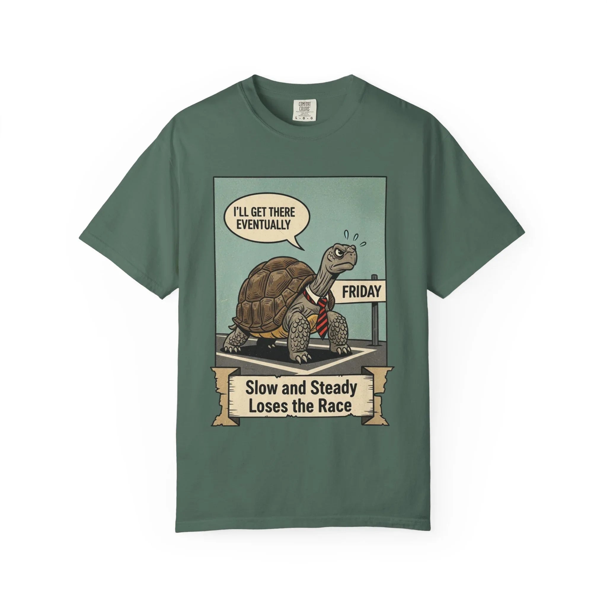 Funny Friday Shirt - Office Humor T-Shirt - Corporate Turtle Tee - Weekend Vibes Gift - "Slow and Steady Loses the Race" - Retro Animal Art Work Sarcasm Top Blue Spruce