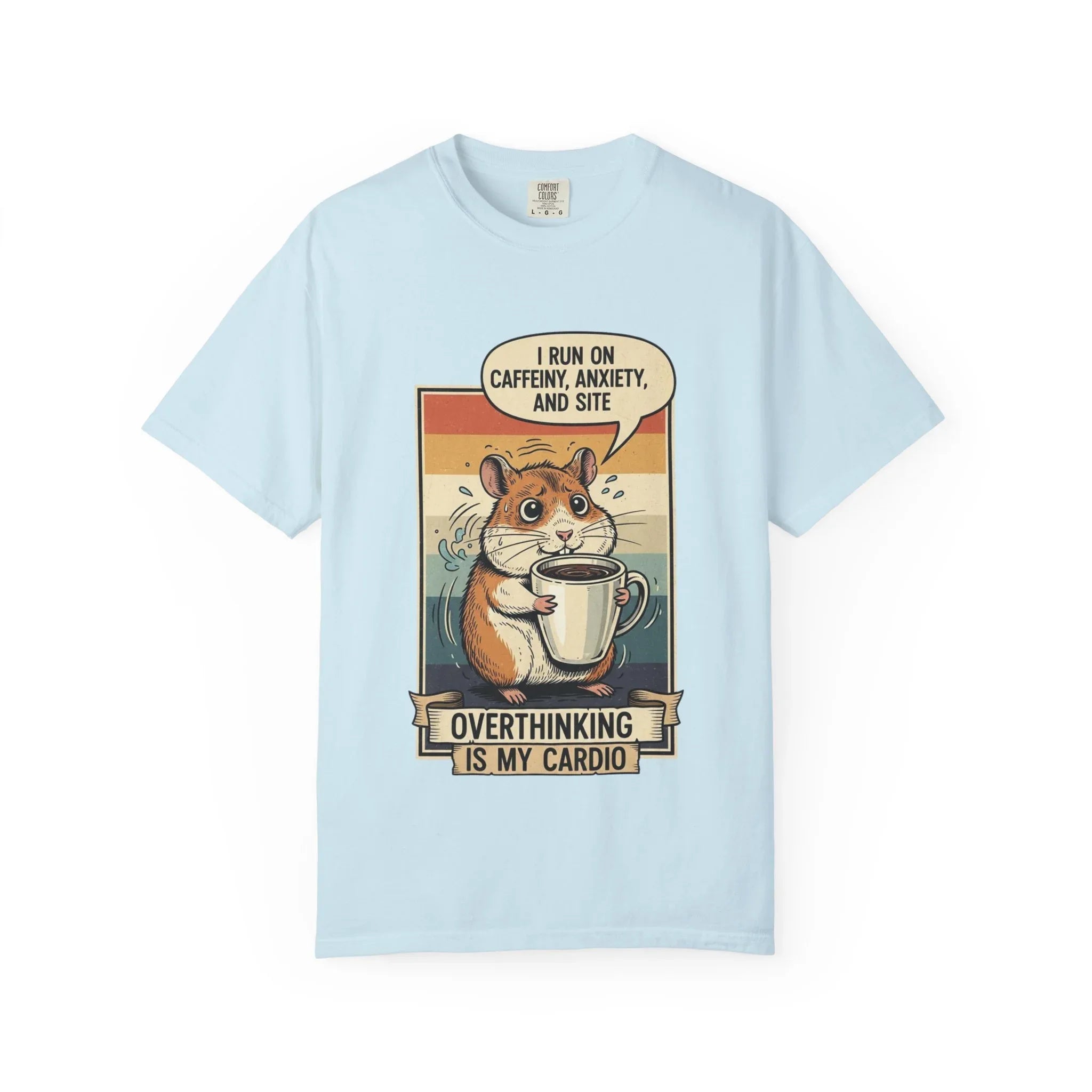 Funny Overthinking Hamster T-Shirt - "Overthinking is My Cardio" Retro Coffee Lover Gift - Sarcastic Mental Health Tee - Vintage Hamster Mom & Dad Gift - Nervous Animal Graphic Top Chambray