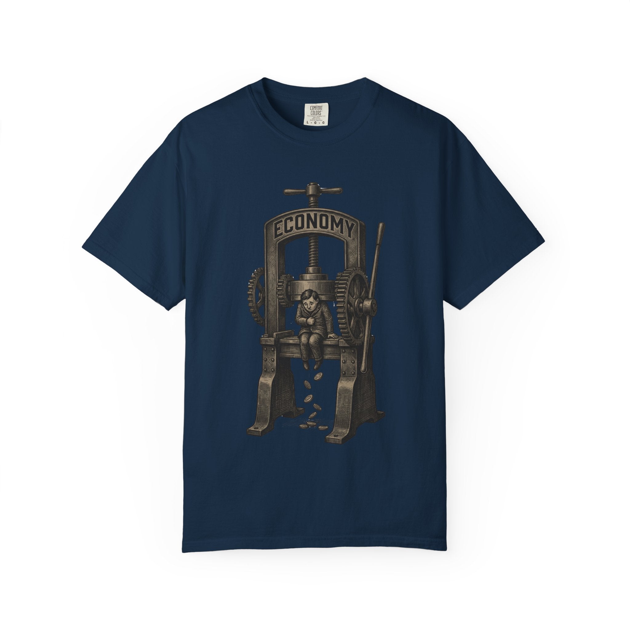 Vintage "ECONOMY" Press T-Shirt | Retro Industrial Satire Graphic Tee | Hand-Drawn Woodcut Style Socio-Economic Statement Shirt True Navy