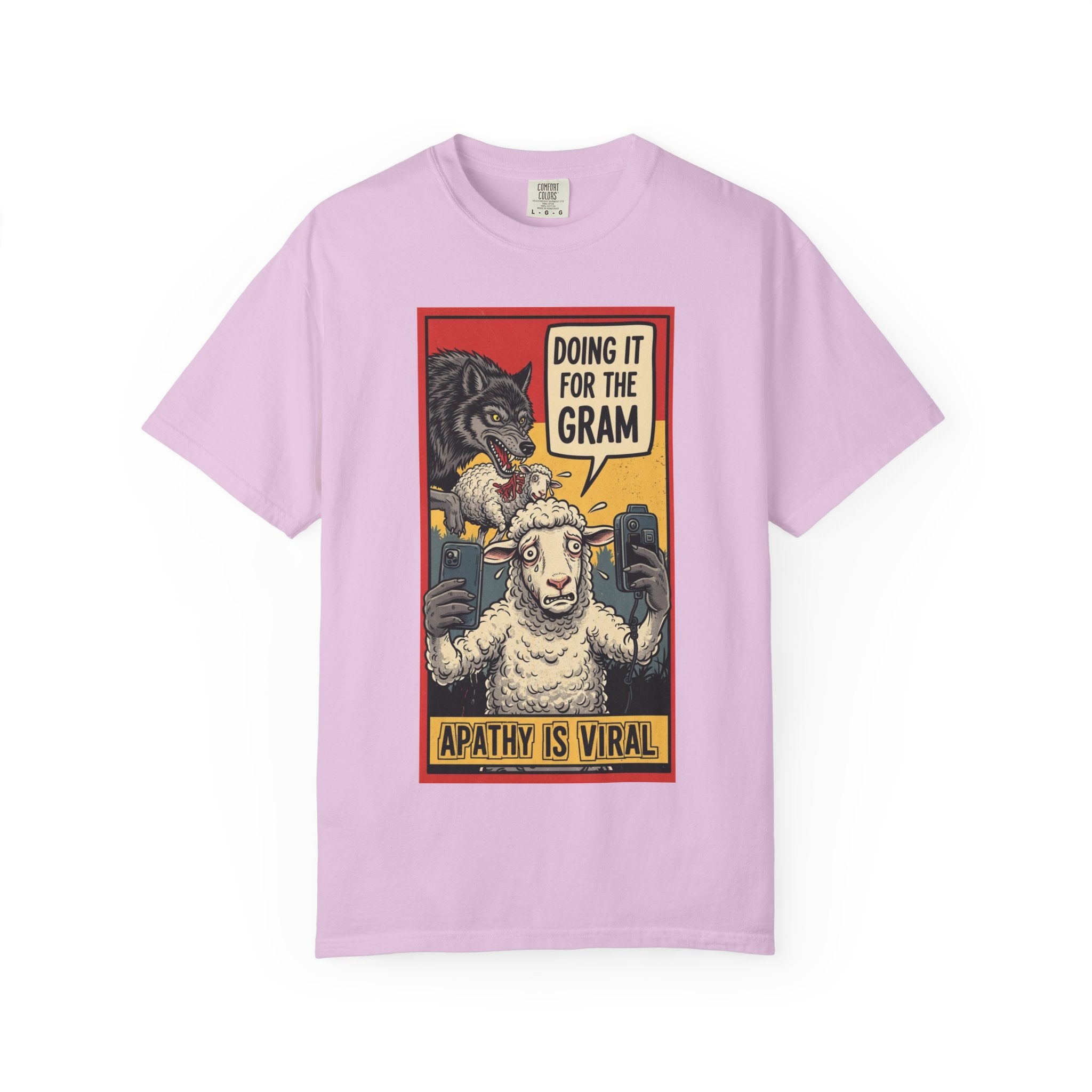 Doing It For The Gram Shirt Apathy Is Viral Satire Tee Social Media Critic Gift Wolf and Sheep Graphic Retro Aesthetic Edgy Apparel Orchid