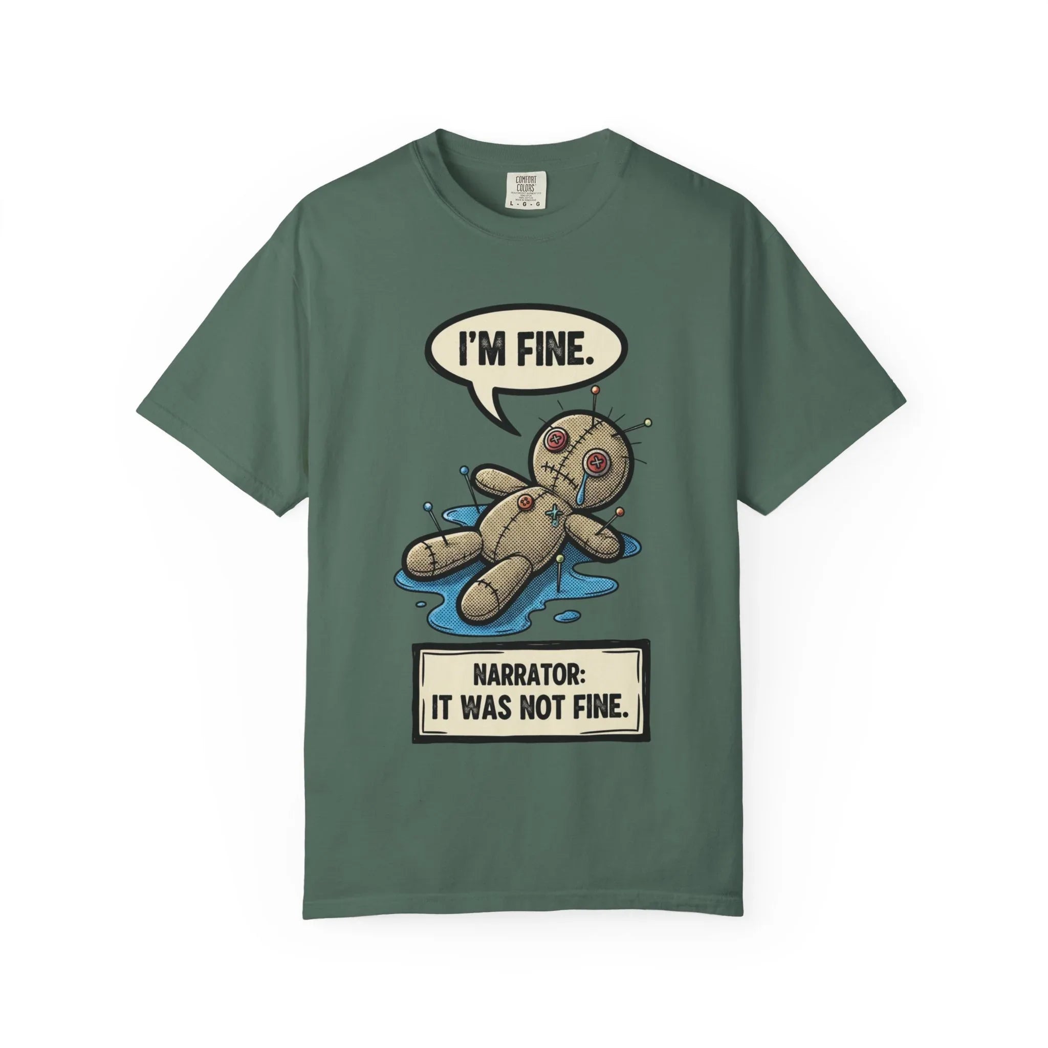 Funny Voodoo Doll "I'm Fine" Shirt - Sarcastic Mental Health Graphic Tee - Retro Comic Dark Humor T-Shirt - Vintage Garment-Dyed Relatable Mood Shirt - Edgy Aesthetic Streetwear Blue Spruce