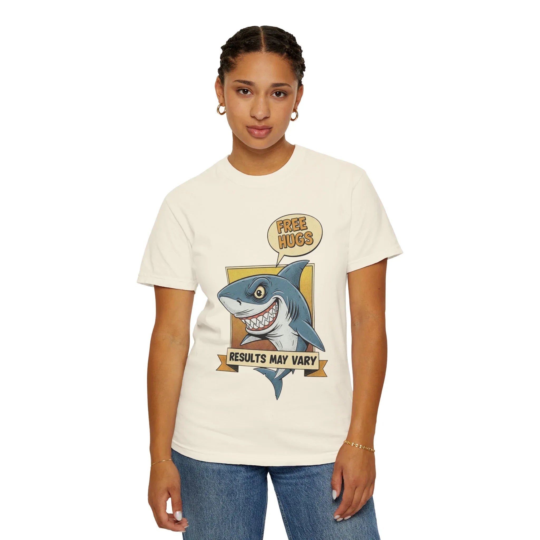 Funny Shark Shirt - "Free Hugs" Sarcastic Vintage Graphic Tee - Results May Vary Dark Humor Gift - Retro Great White Shark Top - Men's & Women's Dad Joke Clothing Ivory