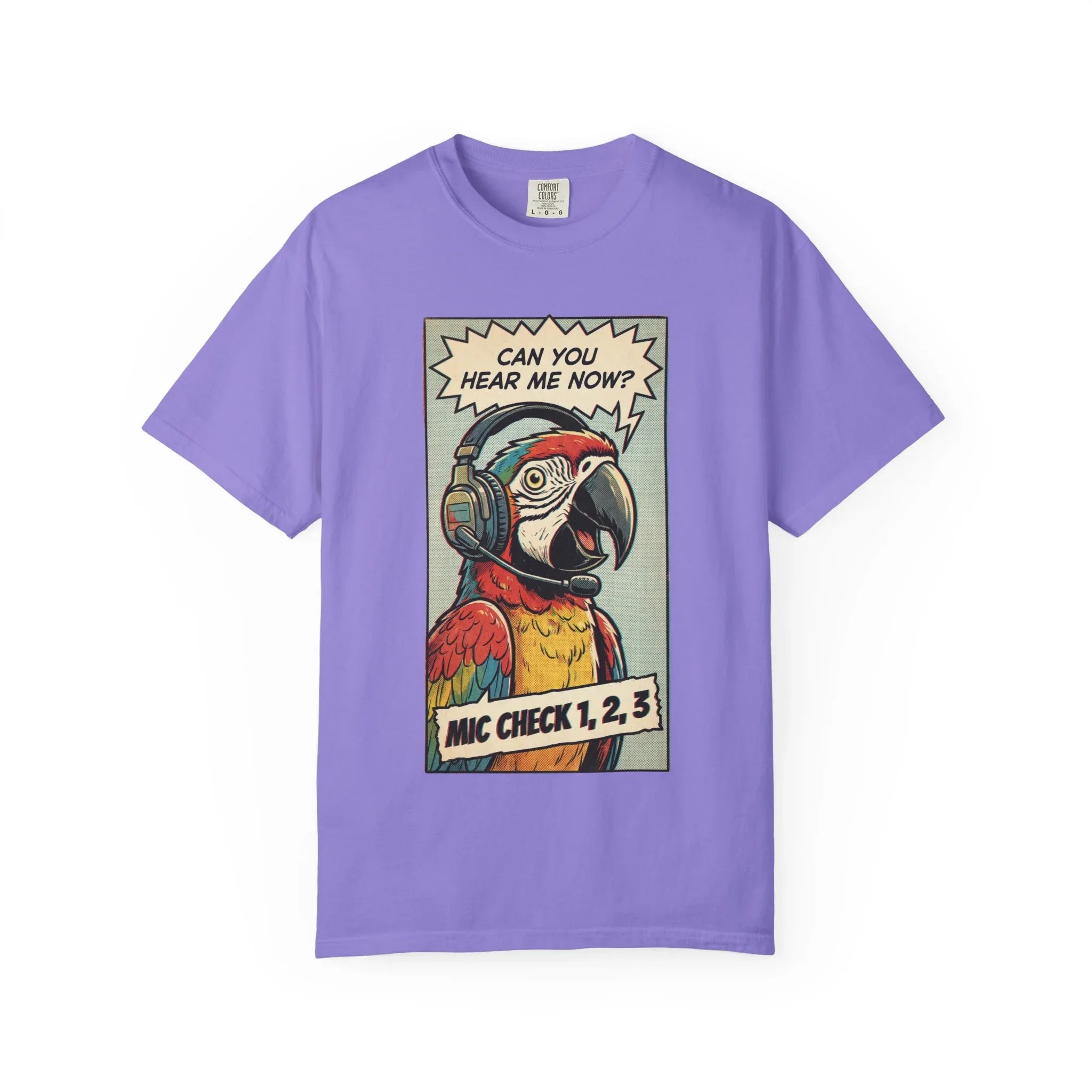 Funny Parrot Gamer Shirt - Vintage Comic Pop Art T-Shirt - Retro Macaw Bird "Mic Check" Graphic Tee - Sarcastic Podcast & Streamer Gift - Aesthetic Bird Lover Streetwear Violet