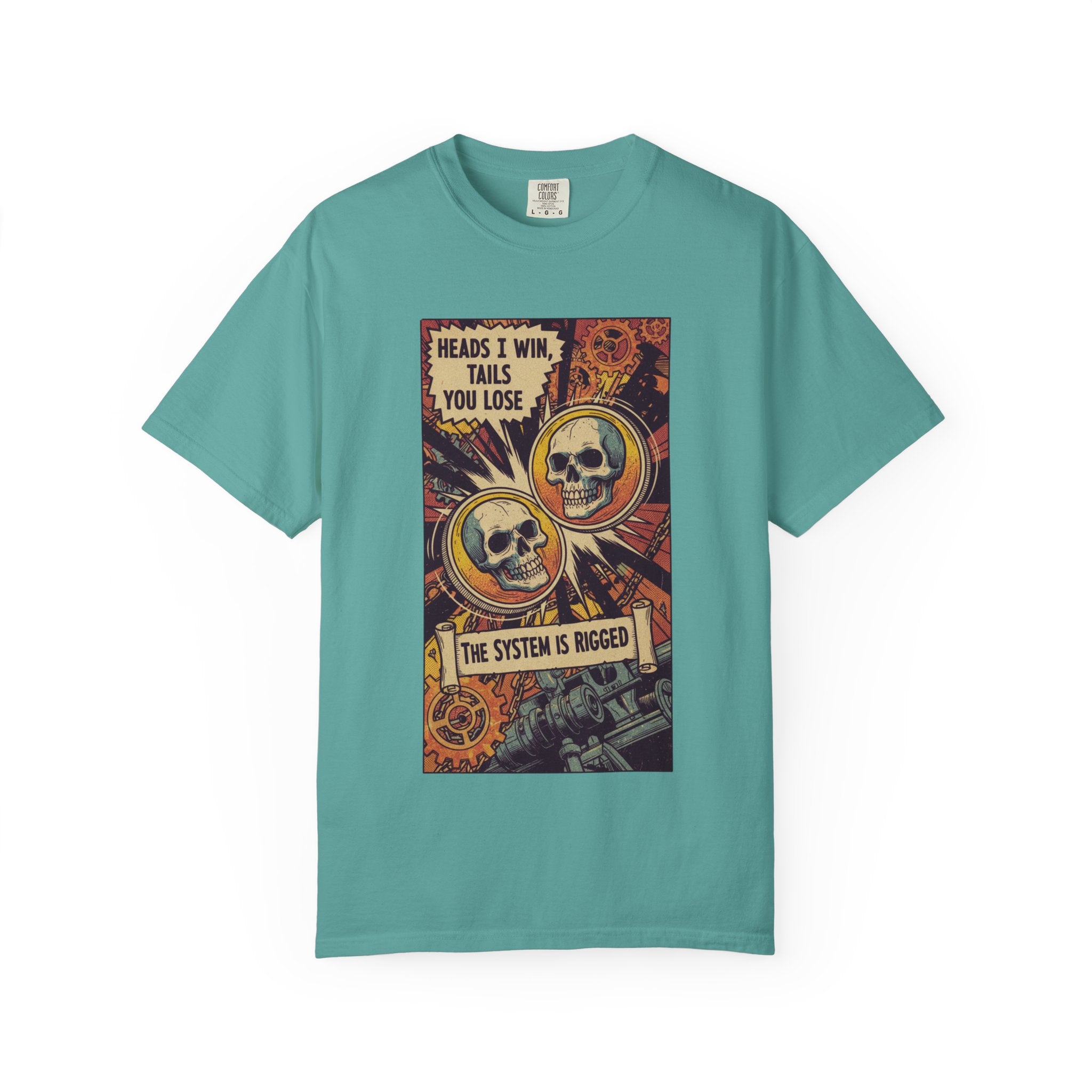 The System Is Rigged T-Shirt - Vintage Satirical Skull Graphic - Dark Humor Chess Pawn Tee - Retro Propaganda Streetwear Seafoam
