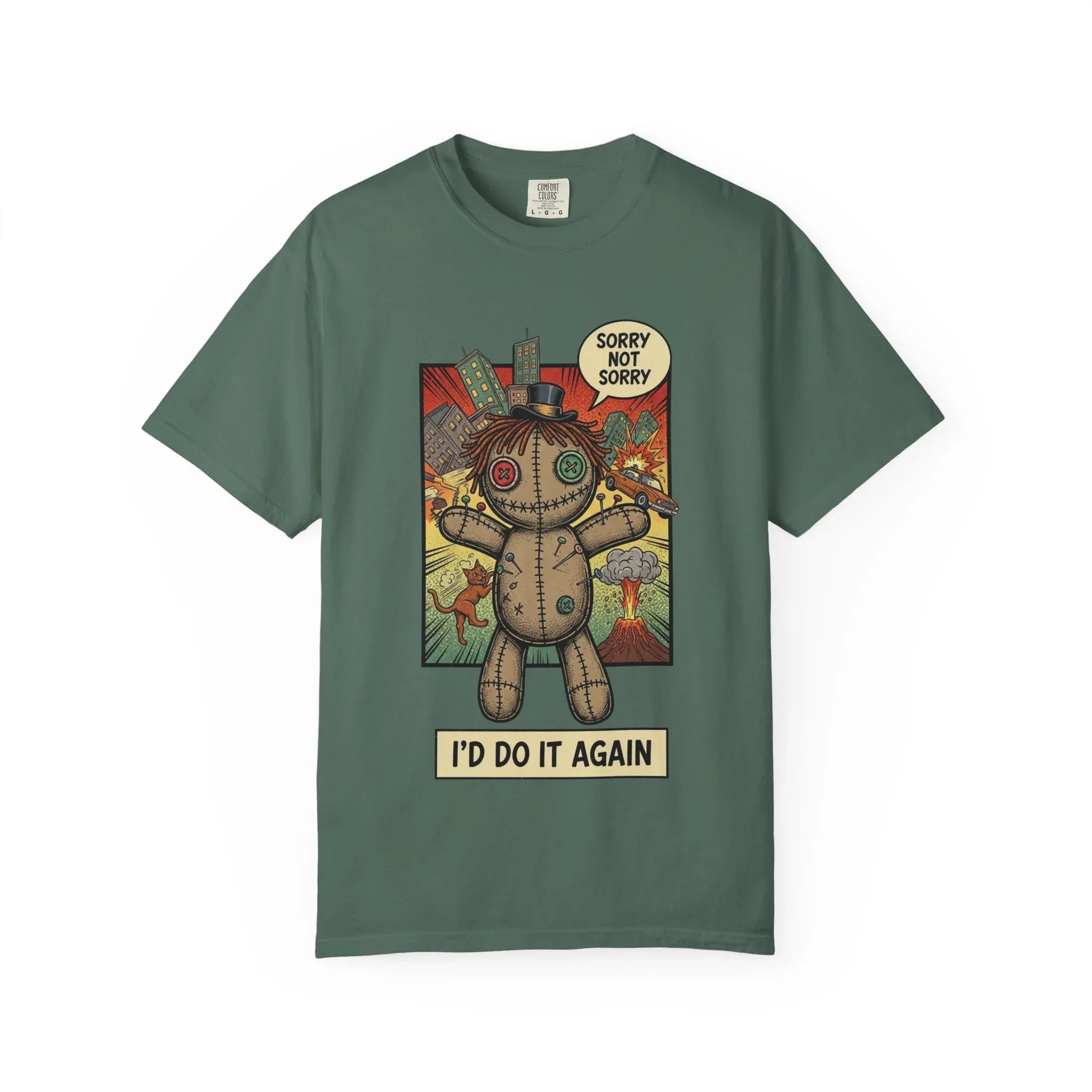 Funny Voodoo Doll Sarcastic Shirt - Retro Comic Dark Humor Graphic Tee - "I'd Do It Again" Sorry Not Sorry Unapologetic Mood T-Shirt - Vintage Garment-Dyed Streetwear Blue Spruce