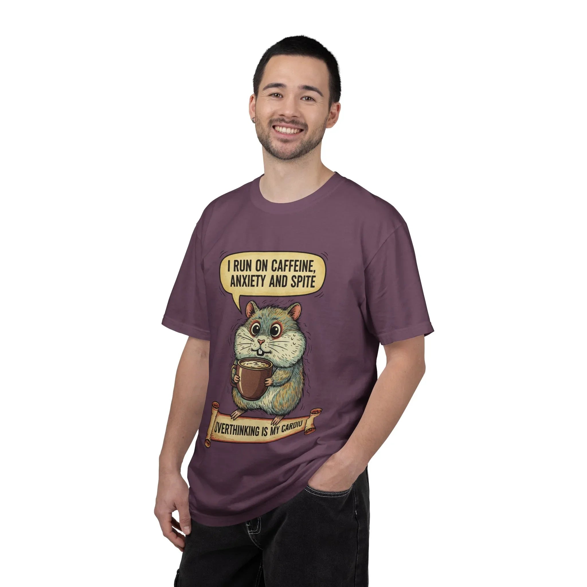 Funny Hamster Coffee Shirt - "Overthinking is My Cardio" T-Shirt - Caffeine Anxiety and Spite Gift - Sarcastic Mental Health Graphic Tee - Retro Jittery Hamster Overthinker Gift