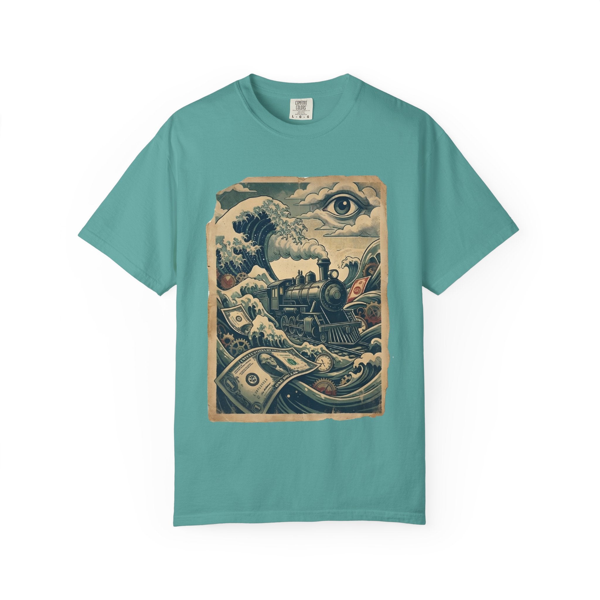Financial Tsunami T-Shirt - Steam Train Economic Crisis Tee - Vintage Surrealist Satire Shirt - Sarcastic Money Wave Graphic Seafoam