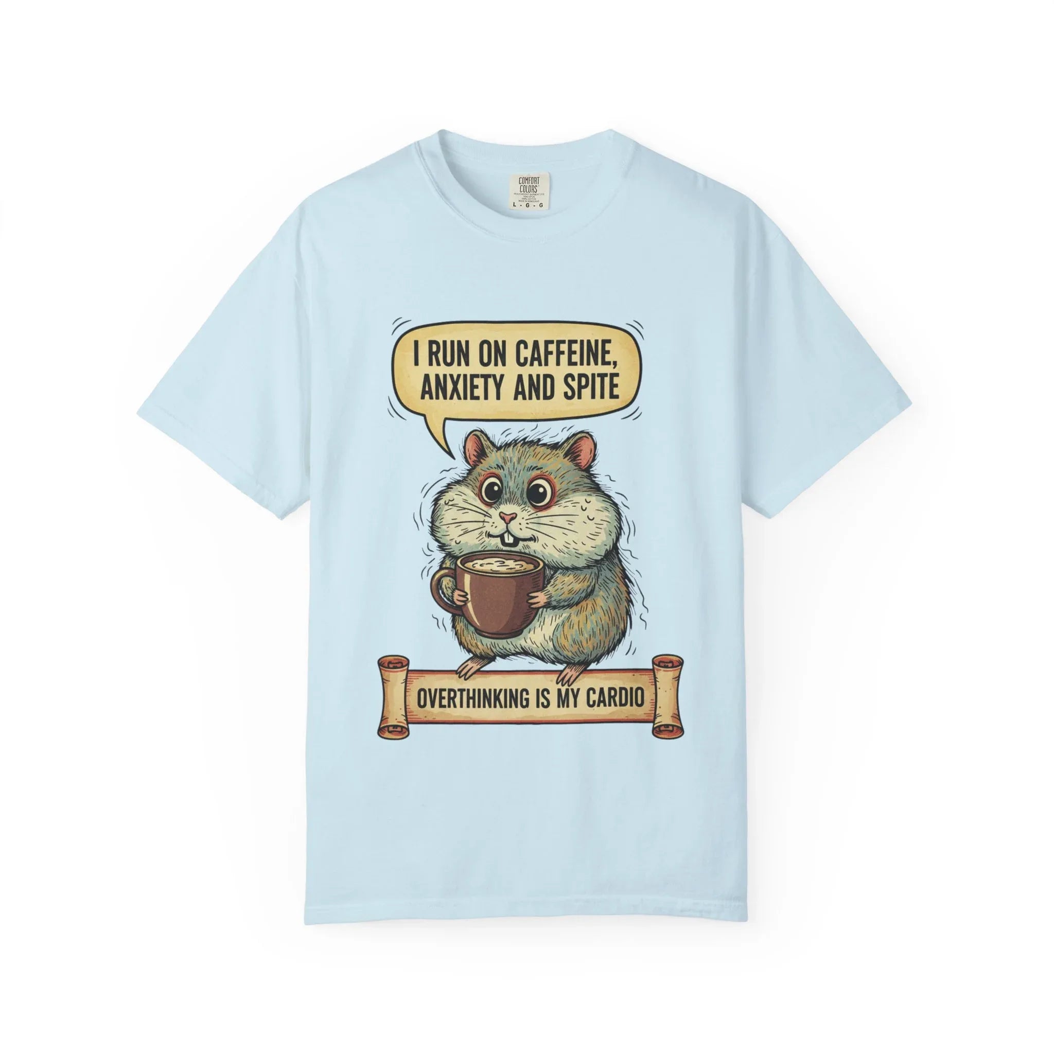 Funny Hamster Coffee Shirt - "Overthinking is My Cardio" T-Shirt - Caffeine Anxiety and Spite Gift - Sarcastic Mental Health Tee - Retro Jittery Hamster Graphic Top Chambray