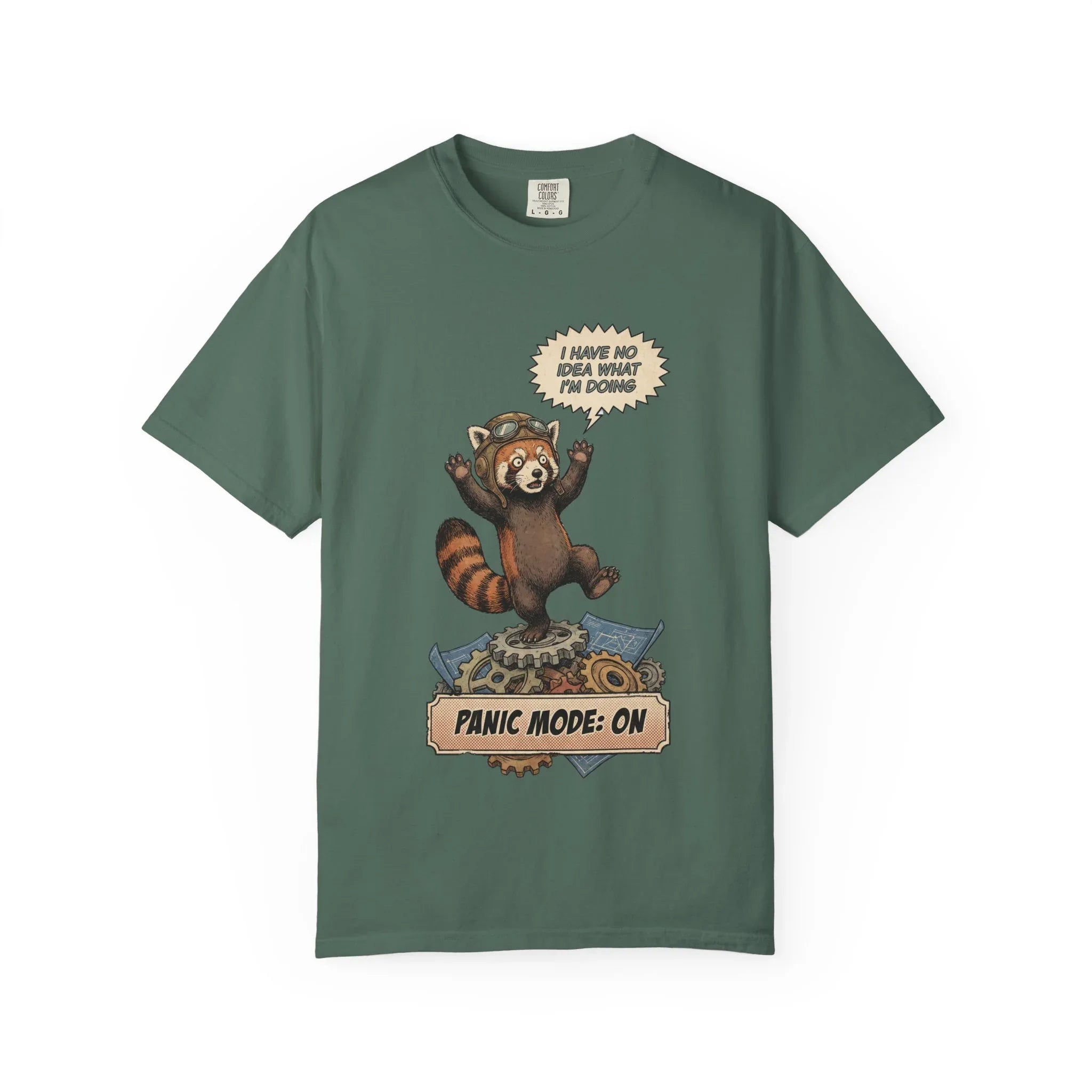 Vintage Red Panda T-Shirt - Funny Engineer Gift - Panicked Pilot Shirt - Imposter Syndrome Meme Tee - Retro Mechanic Animal Graphic - "Panic Mode On" Top Blue Spruce