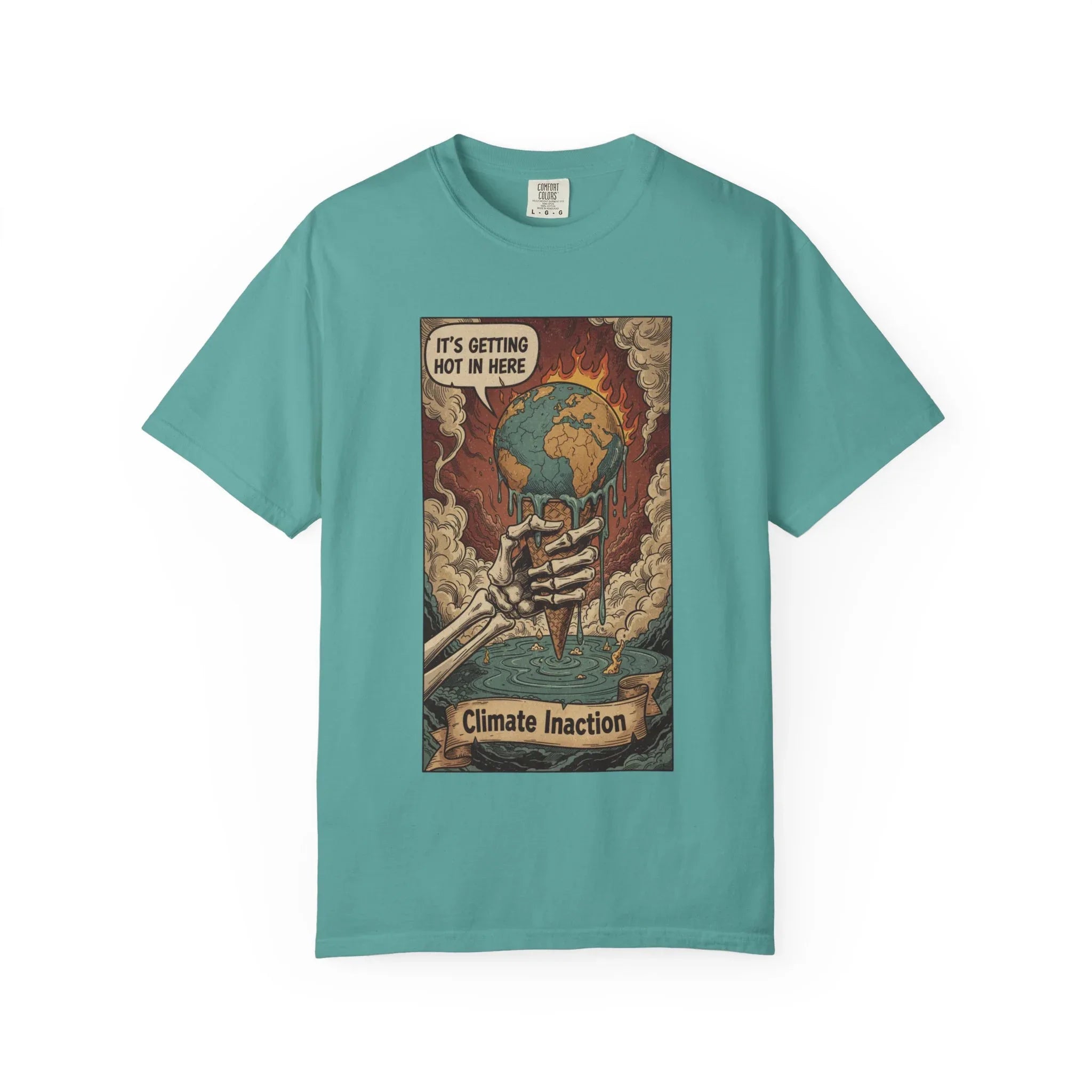 Climate Inaction Melting Earth Shirt - Global Warming Satire Tee - Skeleton Hand Vintage Graphic - Environmental Activist Gift - Retro Distressed Planet Earth T-Shirt Seafoam