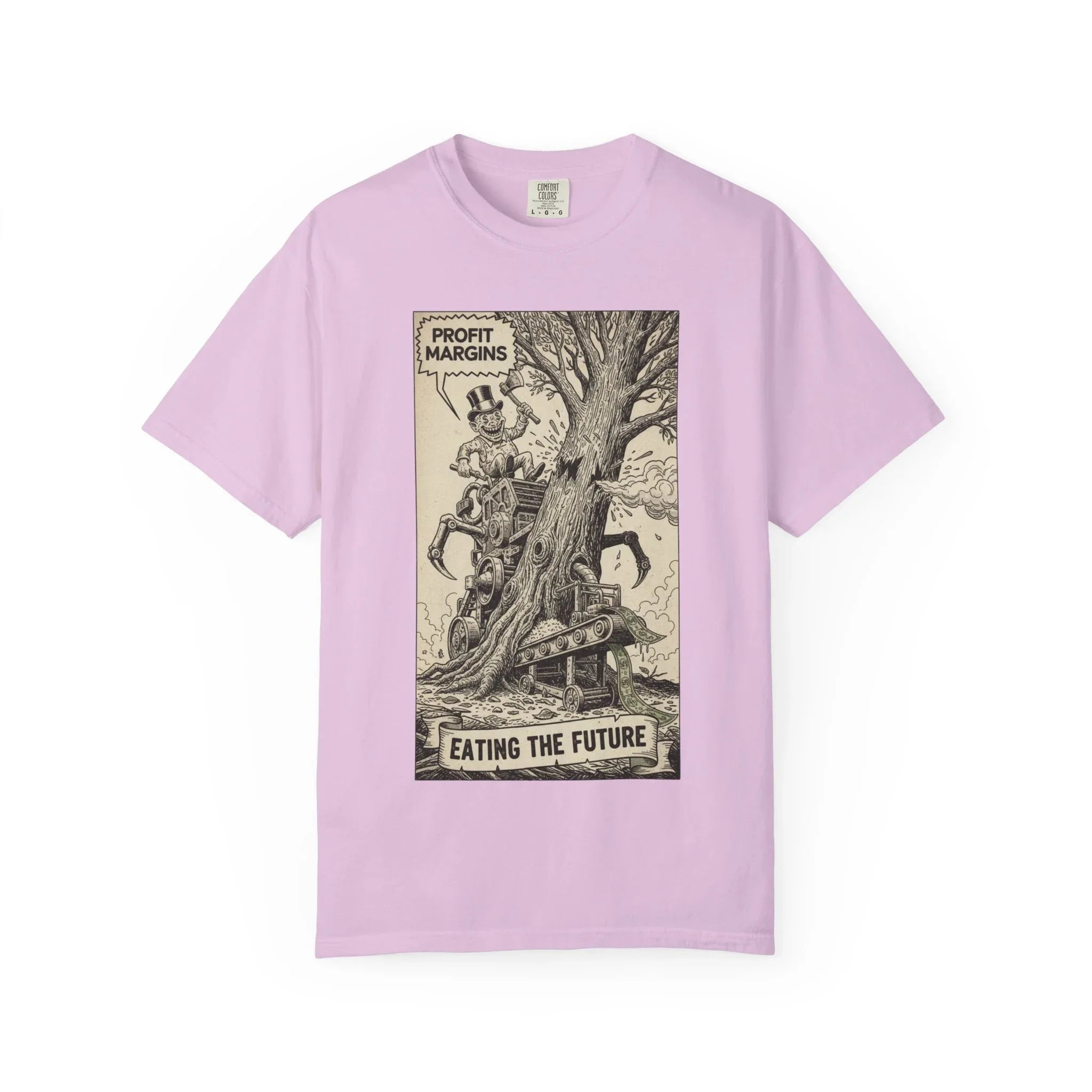 Eating The Future Shirt - Satirical Political Graphic Tee - Vintage Woodcut Eco Activist T-Shirt - Corporate Greed Social Commentary - Environmental Awareness Aesthetic Streetwear Orchid