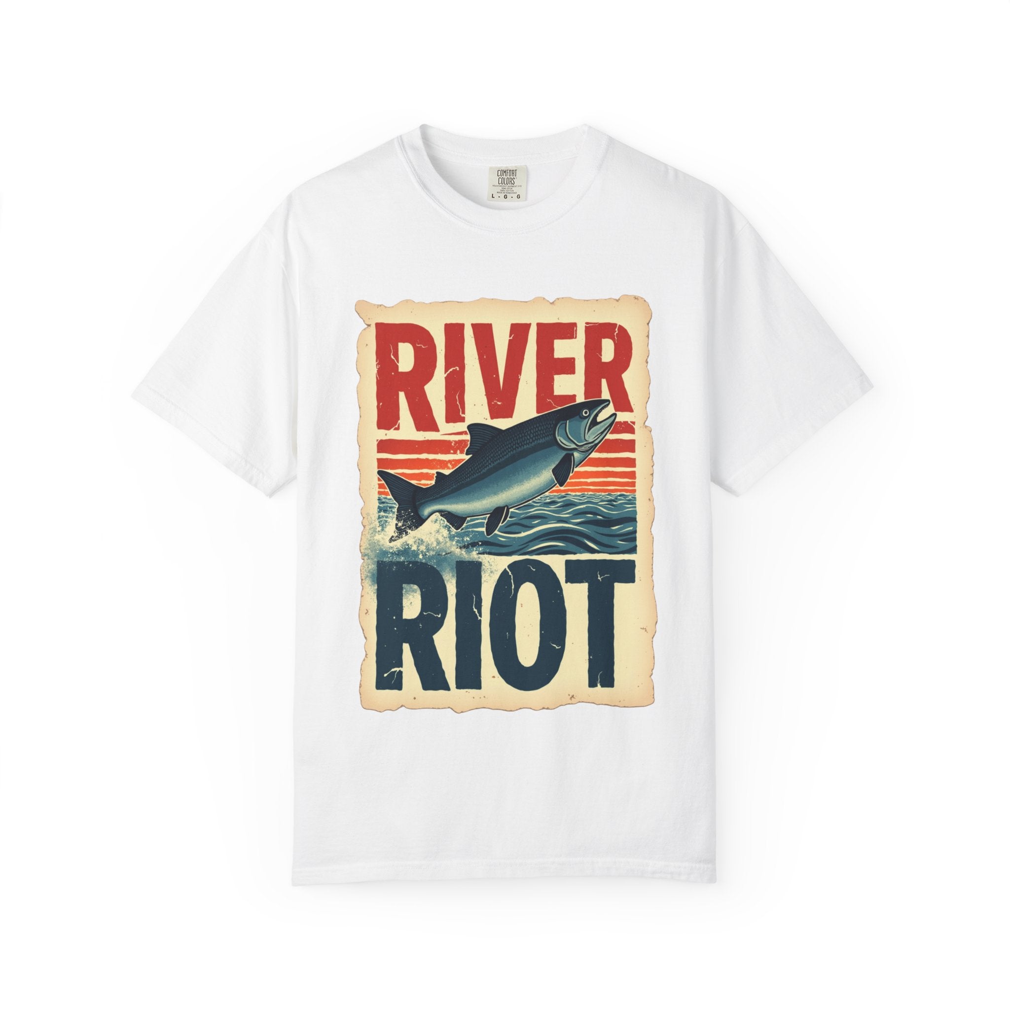 River Riot Salmon T-Shirt, Retro Fishing Graphic Tee, Vintage Fish Poster Design, Leaping Salmon Sunburst Stripes, Unisex Garment-Dyed White