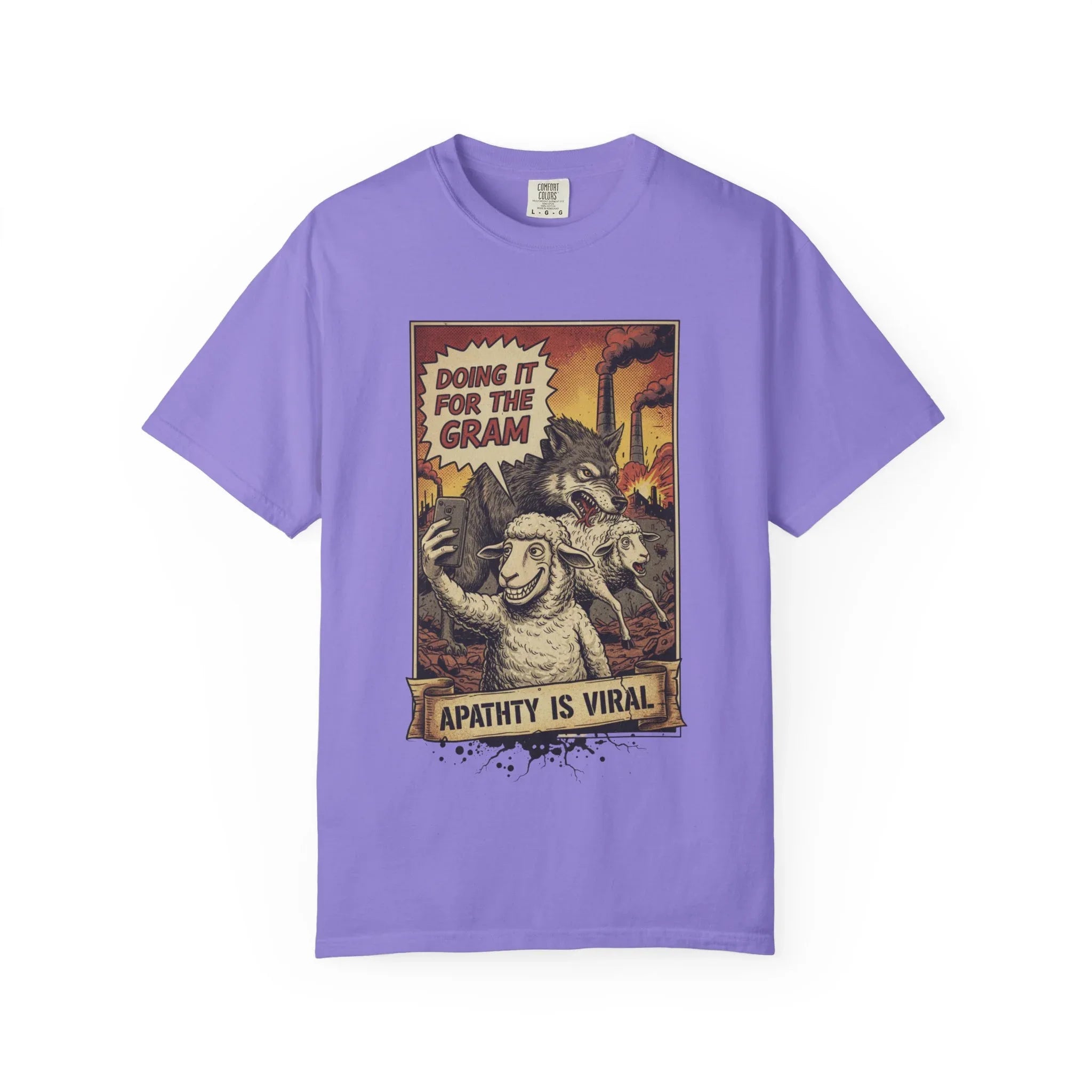 Doing It For The Gram Vintage Shirt - Satirical Wolf and Sheep Graphic Tee - Retro Social Media Irony T-Shirt - 1950s Propaganda Style Dark Humor - Unapologetic Social Critique Apparel Violet
