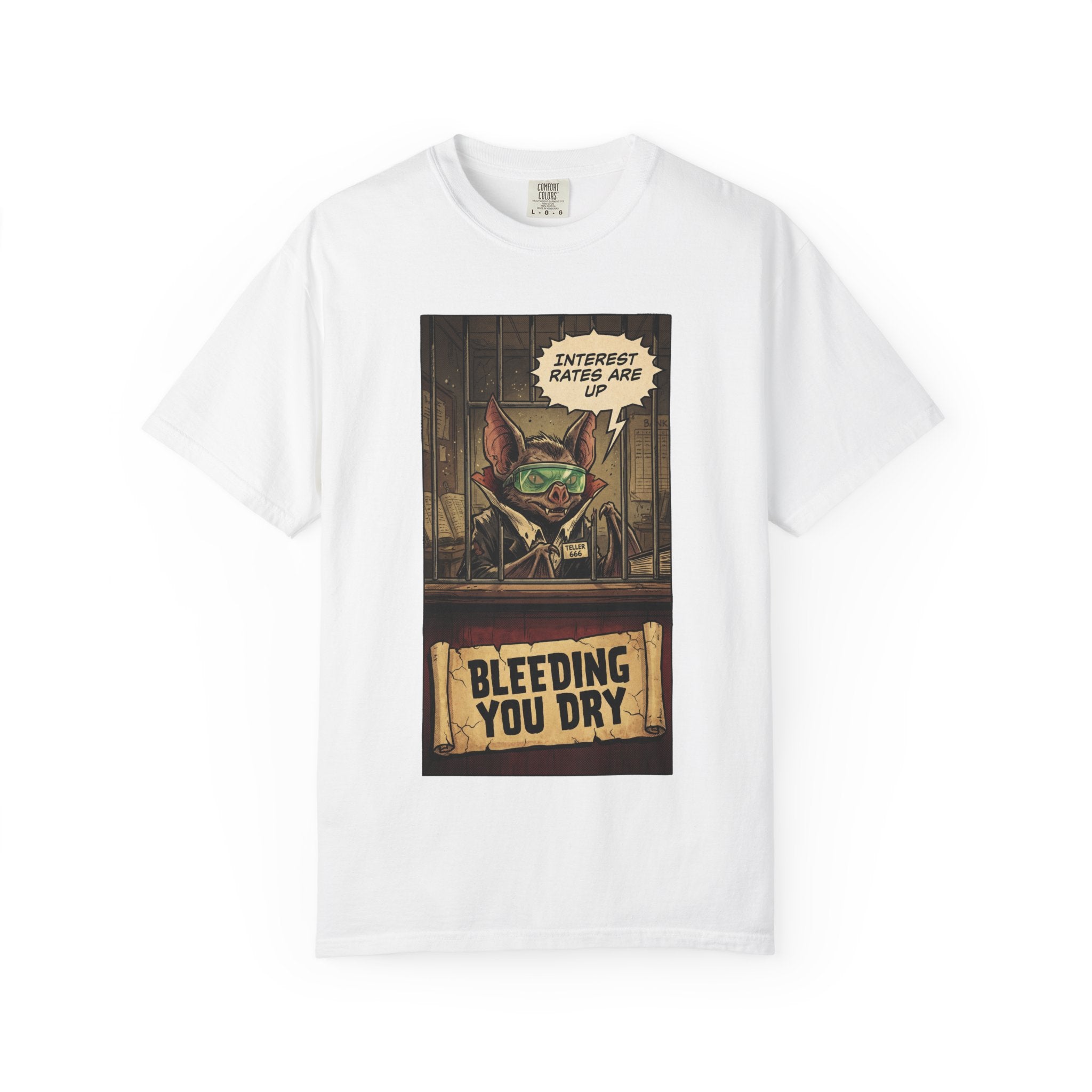 Interest Rates Are Up Shirt, Banker Bat Bleeding You Dry Tee, Funny Finance Satire, Debt & Mortgage Crisis T-Shirt, Vintage Grunge Apparel White
