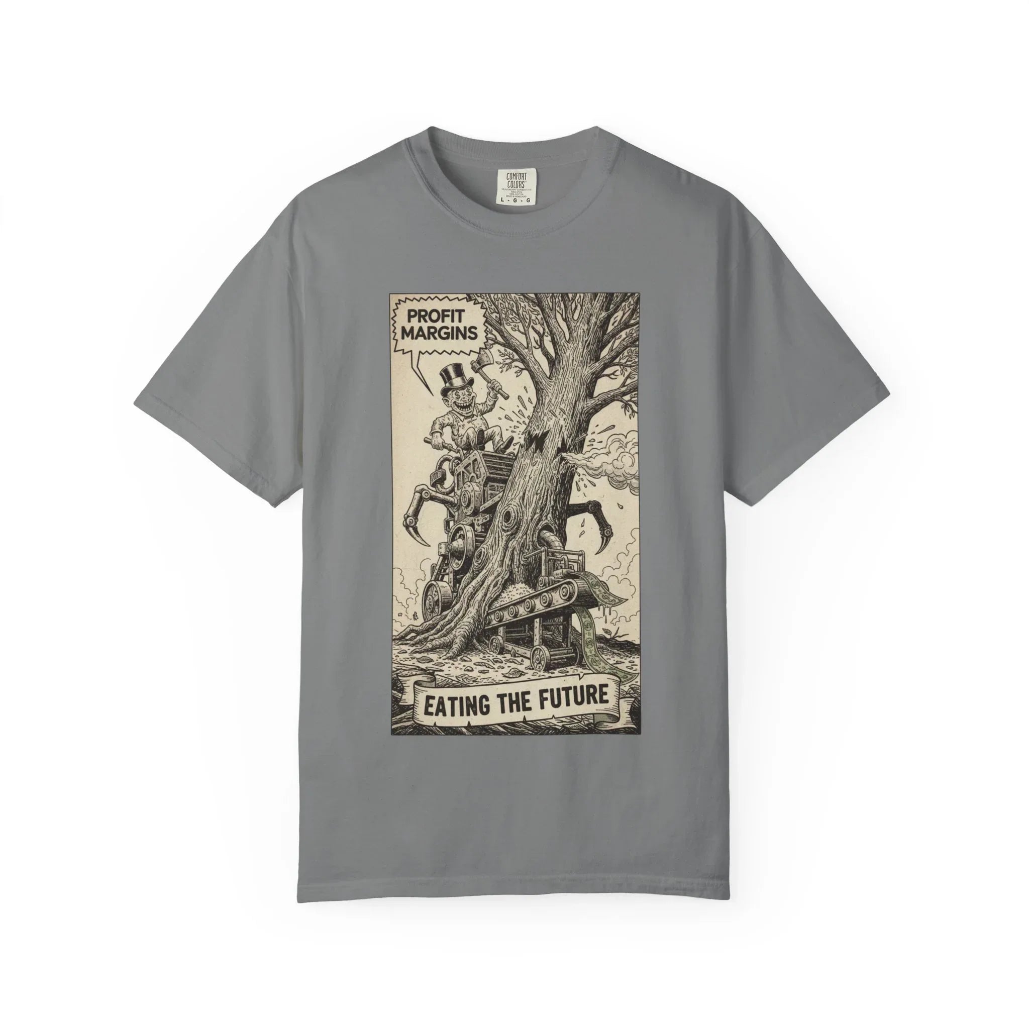 Eating The Future Shirt - Satirical Political Graphic Tee - Vintage Woodcut Eco Activist T-Shirt - Corporate Greed Social Commentary - Environmental Awareness Aesthetic Streetwear Grey