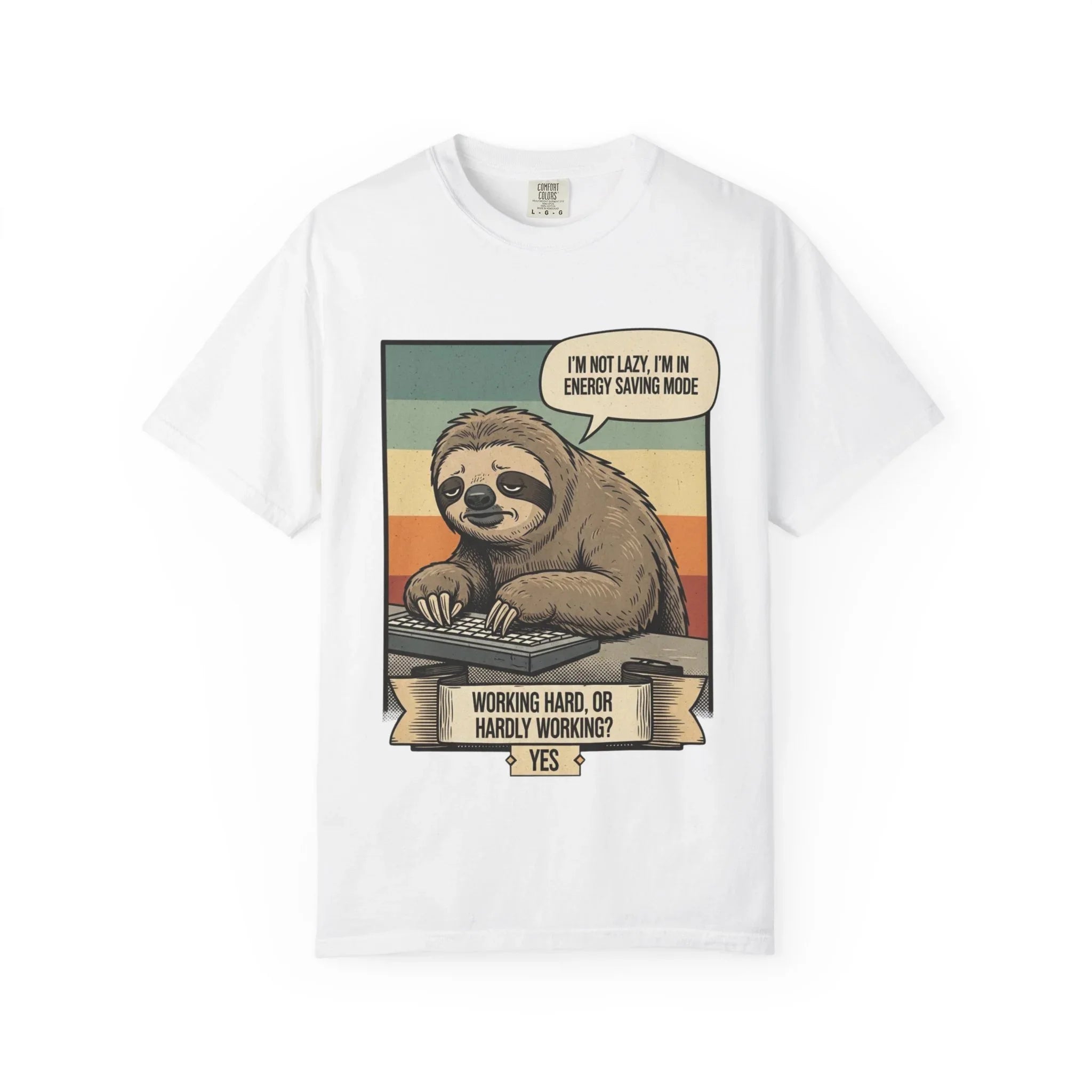 Funny Sloth Shirt - "I'm In Energy Saving Mode" T-Shirt - Office Humor Gift for Coworker - Lazy Animal Tee - Work From Home Graphic Tee - Retro Style Sloth Top White