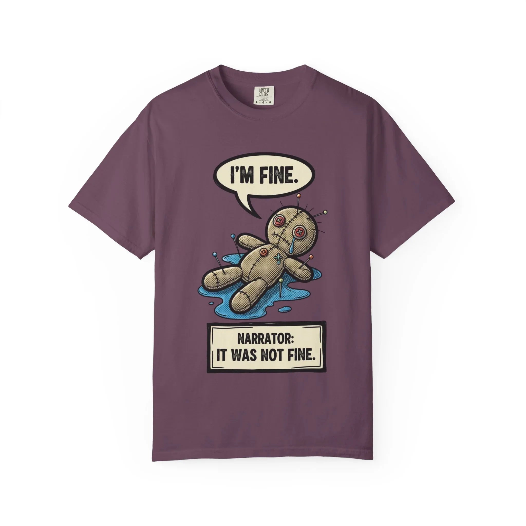 Funny Voodoo Doll "I'm Fine" Shirt - Sarcastic Mental Health Graphic Tee - Retro Comic Dark Humor T-Shirt - Vintage Garment-Dyed Relatable Mood Shirt - Edgy Aesthetic Streetwear Berry